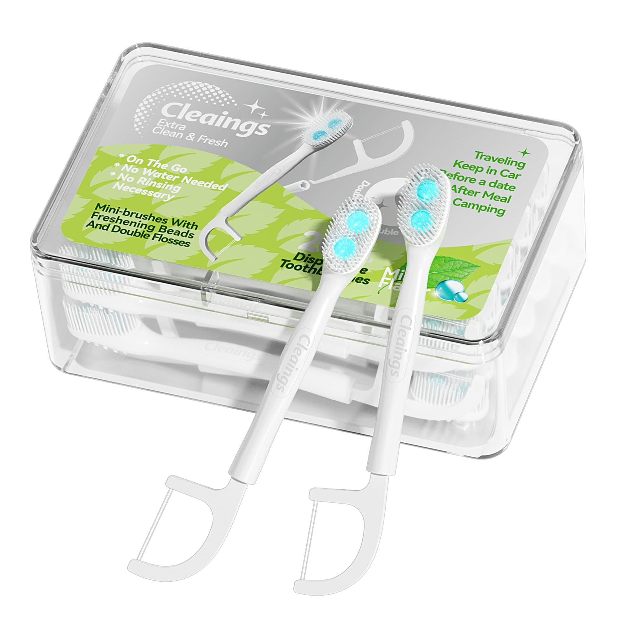 cleaings® Disposable Toothbrushes with Double Cleaning Beads Toothpaste and Clean Floss Picks for Work or Travel - 20 pcs-Mint Flavor(Pack of 1)