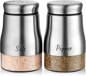 Salt and Pepper Shakers Set, Bivvclaz 5 Ounce Stainless Steel Salt and Pepper Dispenser with Glass Bottom, Cute Salt and Pepper Shakers for Modern Home Kitchen Decor, Silver