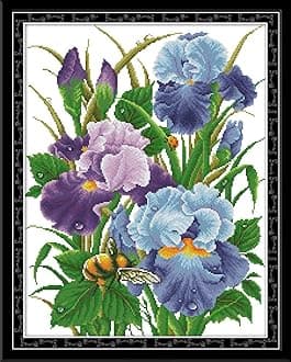 CaptainCrafts Cross Stitch Kits for Adults Counted Kit Unprinted 14CT Fabric Cross Stitching DIY Art DMC Needlecrafts Embroidery Kit for Adults Beginner (White, Iris Flowers)