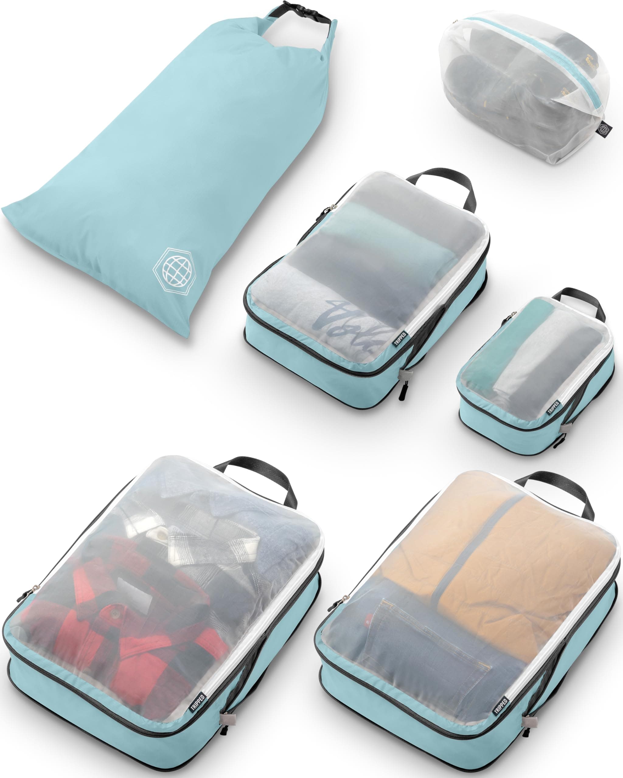 TRIPPED Travel Gear Large Packing Cube Set with See Through Mesh- Compression Packing Cubes Organizers (Dusty Teal)