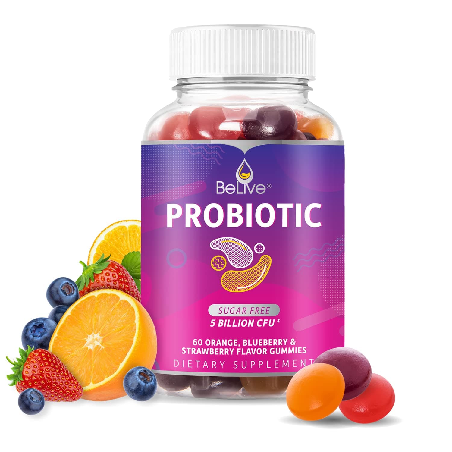 – BeLive Probiotic Gummies - Probiotics with 5 Billion CFUs for Digestive Health, Men, Women & Kids - for Immune Support, Sugar Free & Vegan | 60 Ct – Blueberry, Strawberry & Orange (60 Count)