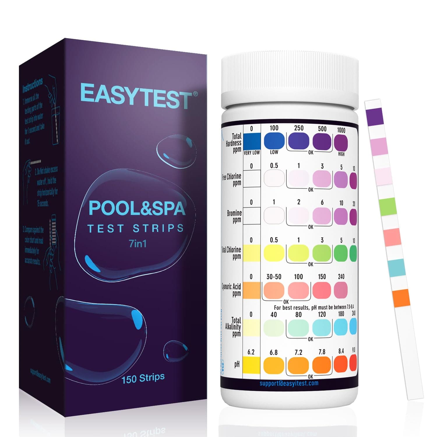 EASYTEST 7-Way Pool Test Strips, 150 Strips Water Chemical Testing for Hot tub and Spa, Accurate Test Bromine, Total Alkalinity, pH, Free Chlorine, Total Hardness, Cyanuric Acid, and Total Chlorine