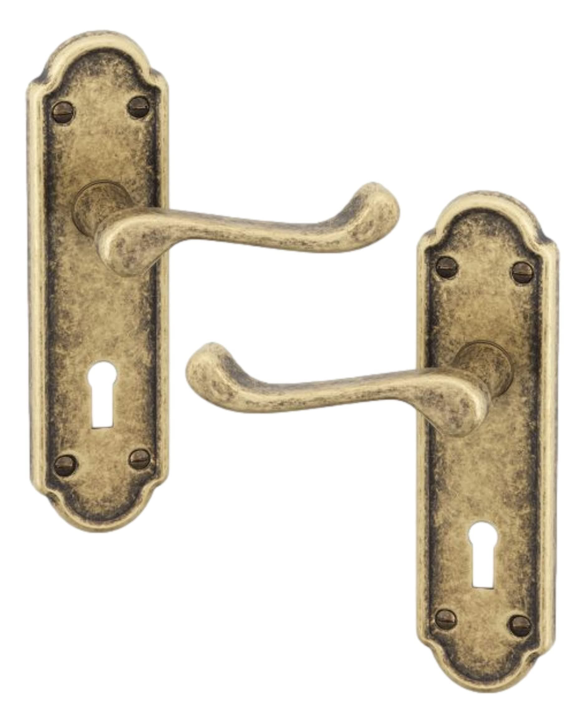 URFIC Copper Door Handle for Internal and External Doors Ashworth Scroll Set of 2 Lever Lock on Plate. Sleek Design Levers for Wooden, Kitchen and Bedroom Interior, and Exterior Doors.