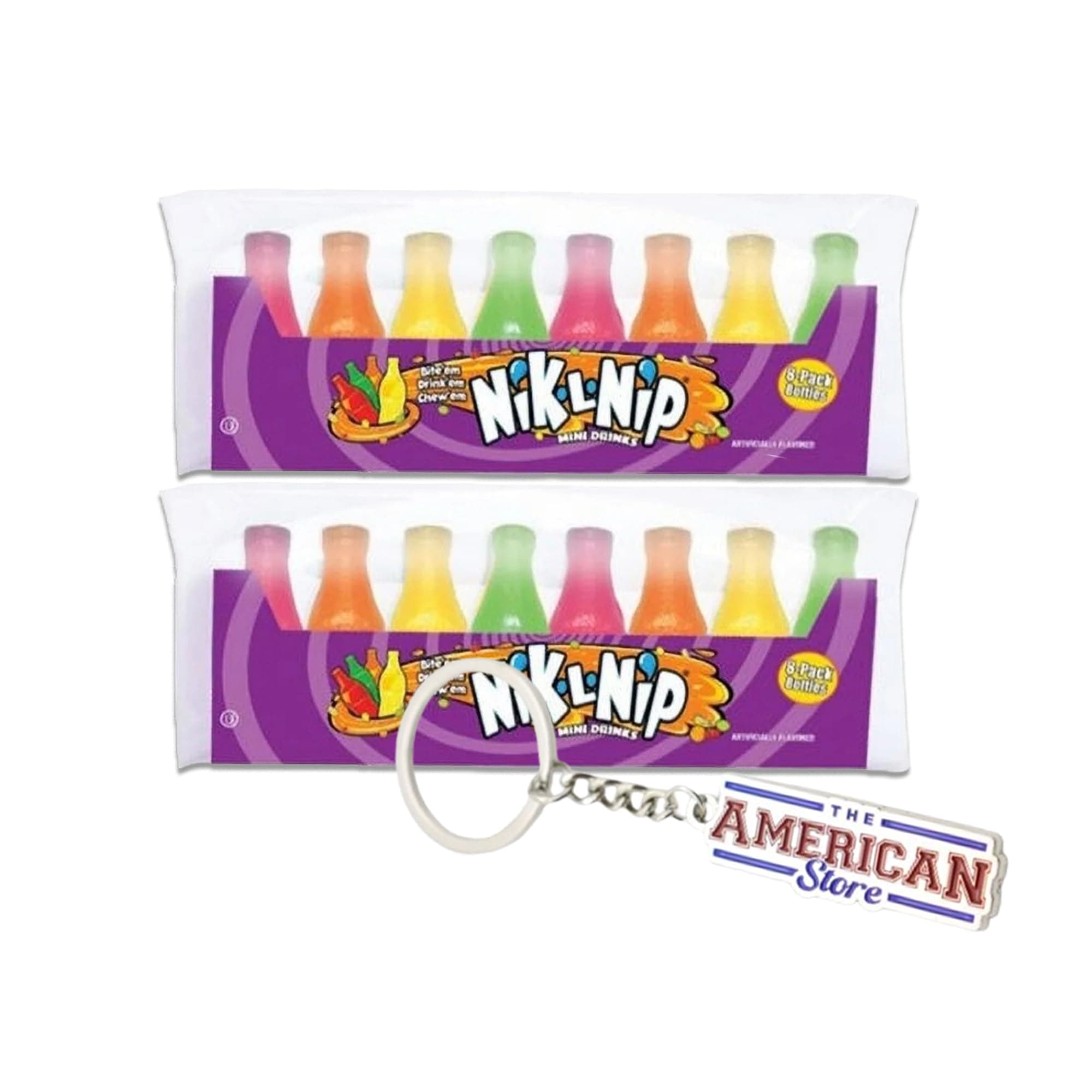 Nik-L-Nip Mini Drinks Candy Original Wax Bottles I 8's Pack of 2 I US Import I Includes The American Store Keyring