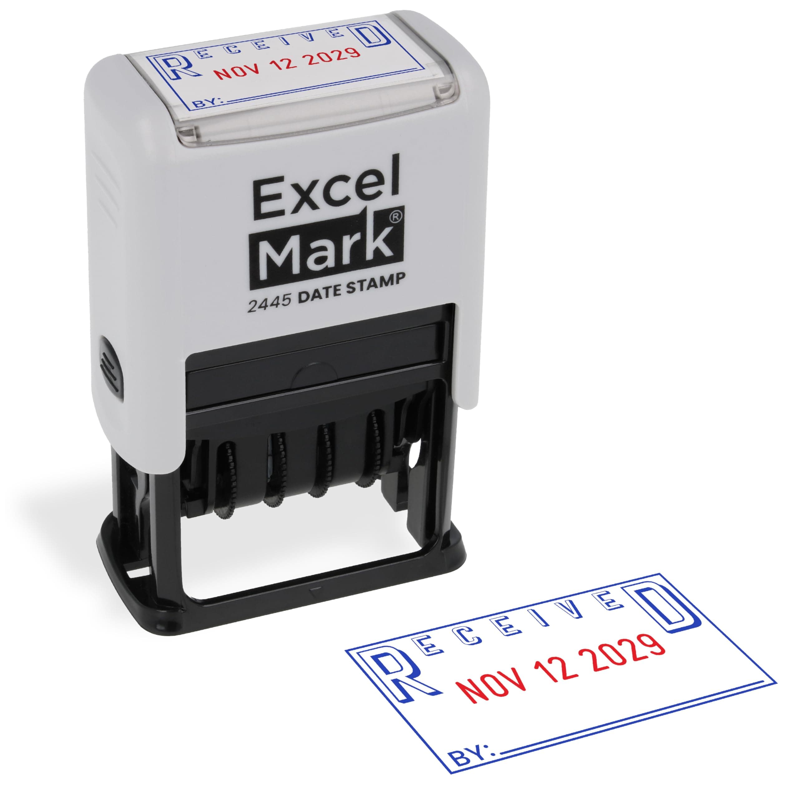 ExcelMark 2445 Date Stamp with Text - Blue and Red Ink (Gray Mount, Received)