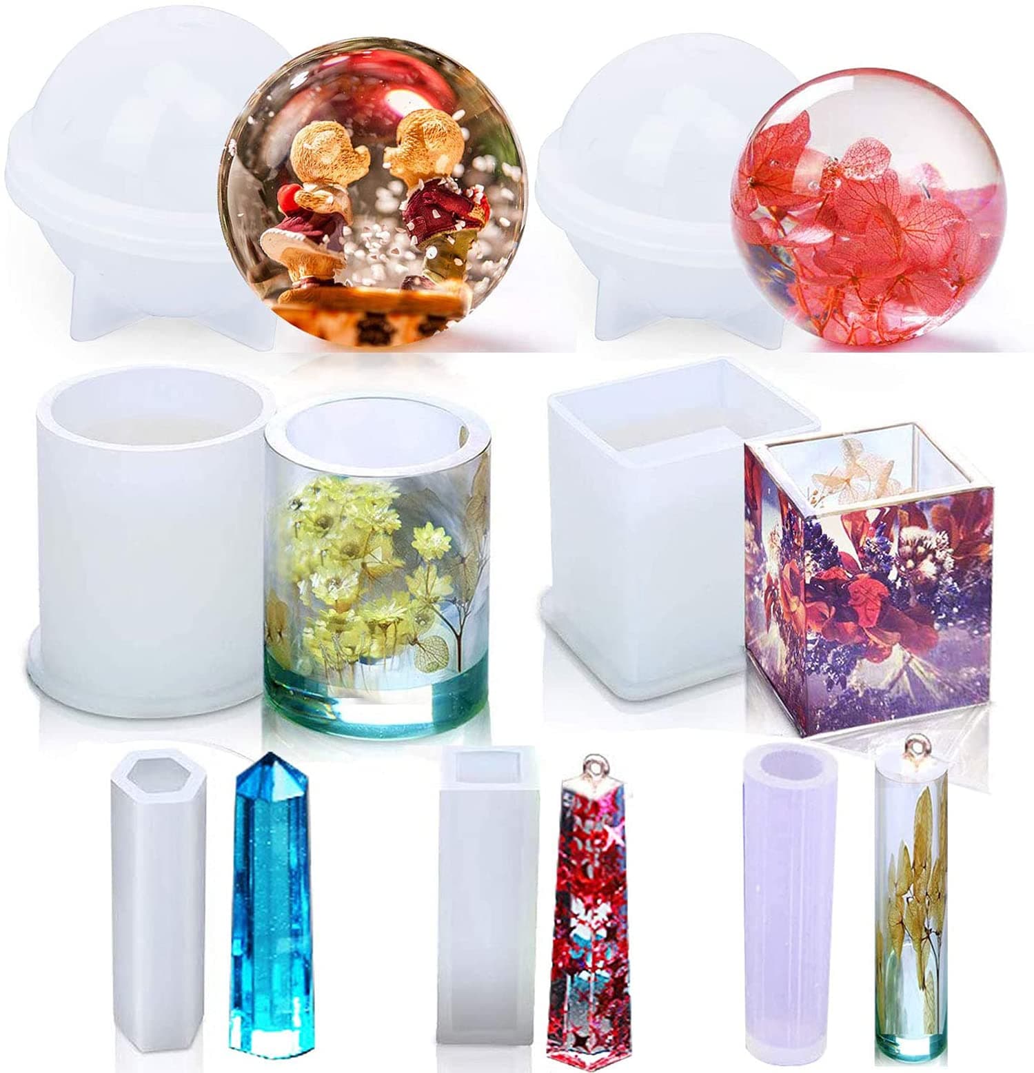 DELFINO 7Pcs Silicone Molds for Epoxy Resin Casting Art Include Circle Sphere Ball, Square Cube Cylinder, Pendant for DIY Jewelry Box Container Holder, Flower Pot/Pen/Candle Soap Holder