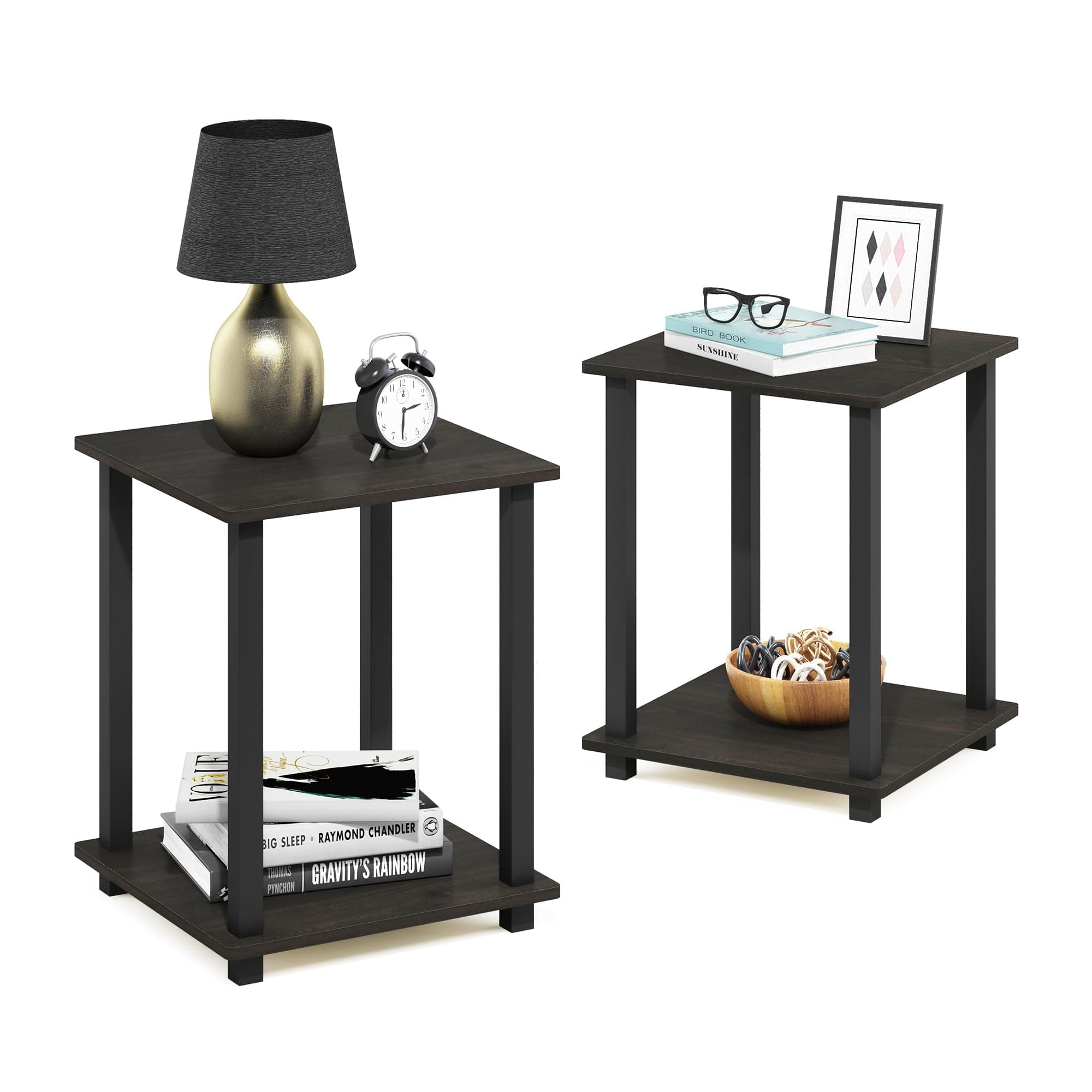 SIMPLISTIC Side Table Set of 2, 2-Tier Square Modern End Table, Nightstand, Night Stand, Bedside Table, Toolless Assembly, for Living Room, Bedroom, Espresso