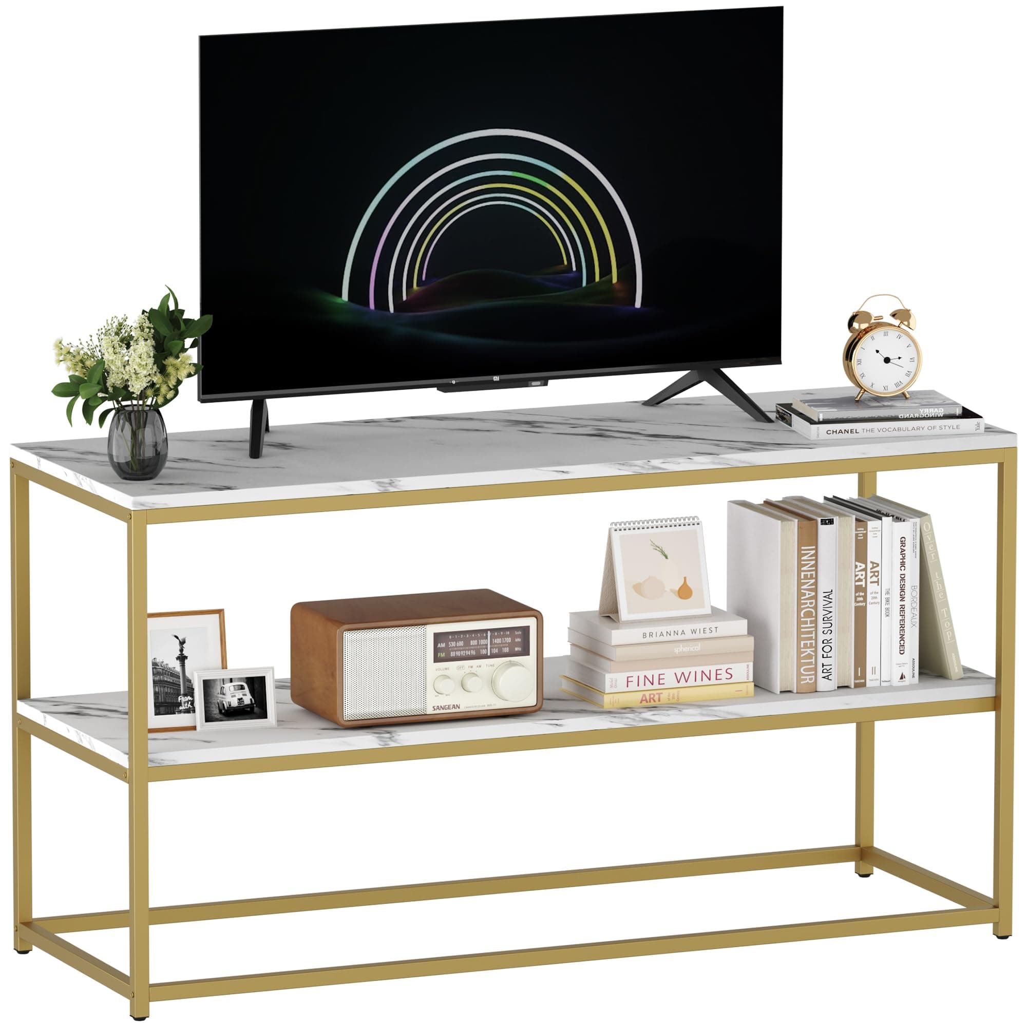 Function Home TV Stand for TVs up to 50 Inch, 2 Tier Entertainment Center, Modern TV Cabinet with Marble Top and Gold Metal Base, 42" Media Console Table with Storage for Living Room Bedroom