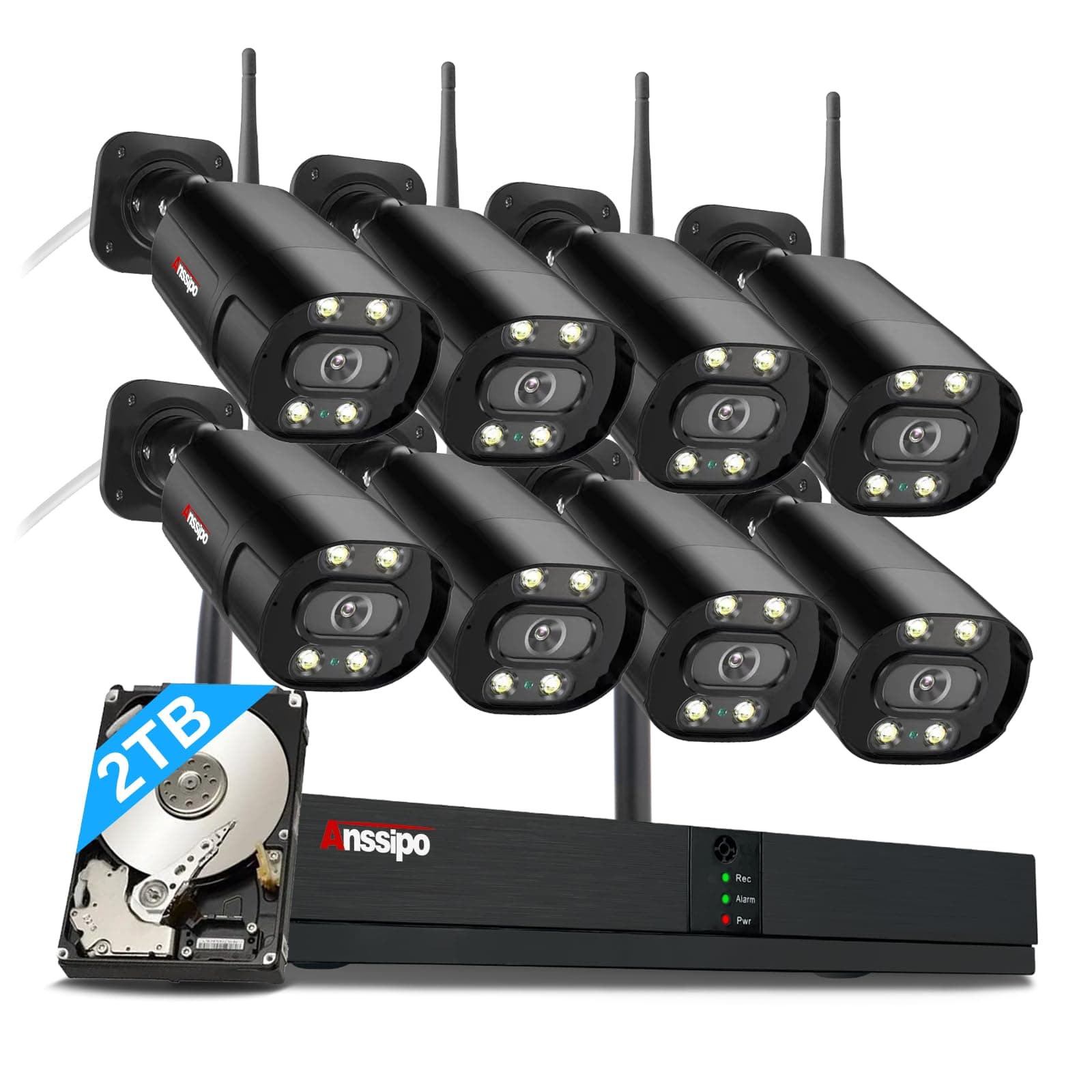 4K Wireless Security Camera System, 8pcs Plug-in 3MP Security Cameras Outdoor, Dual Warning 8 Channel WiFi NVR, 2TB Hard Drive, 2 Way Audio, Color Night Vision, Person/Face Detection
