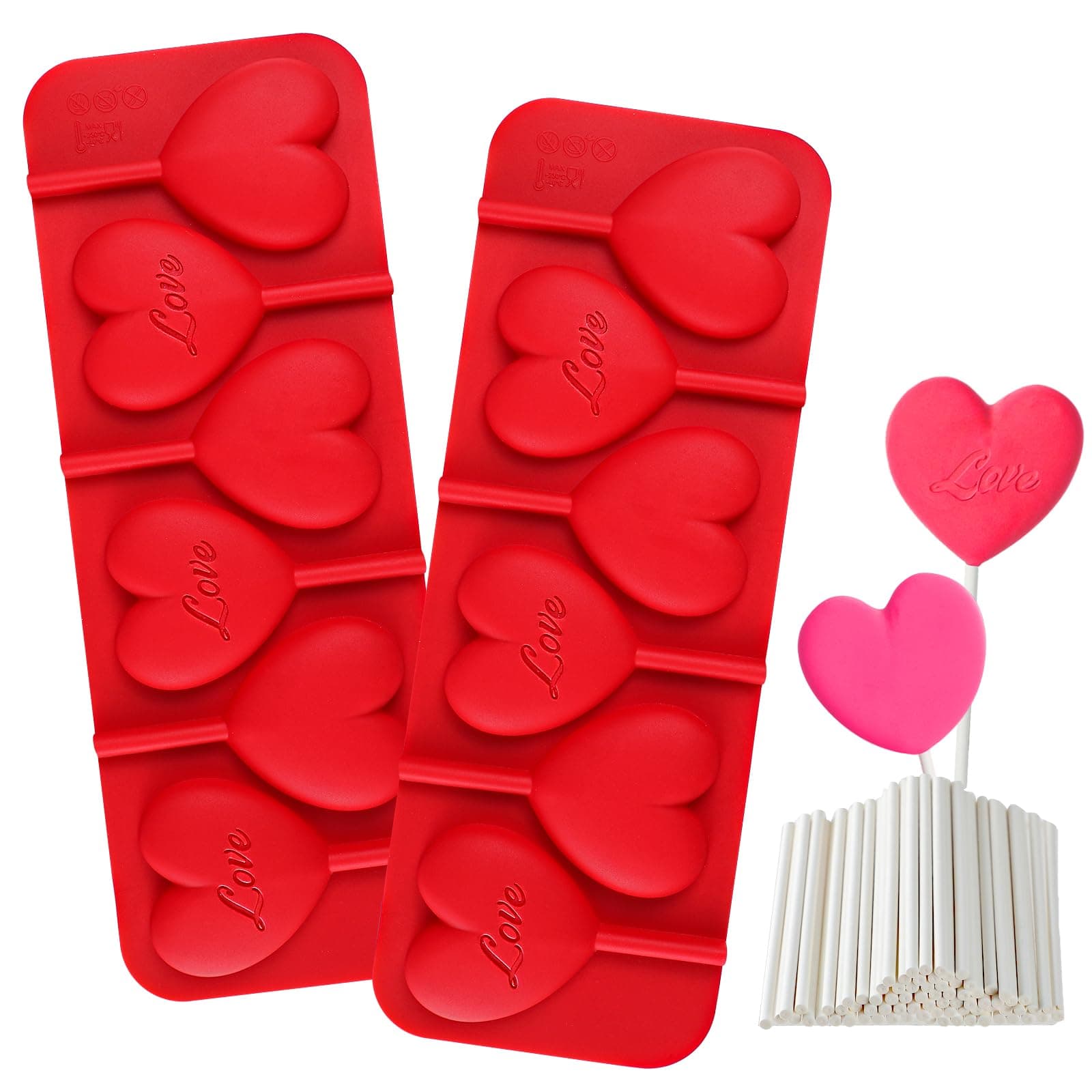 Webake Heart Lollipop Molds 6 Holes Heart Shaped Chocolate Candy Sucker Molds with Lollipop Sticks, Great for Chocolate, Candy, Cake Pop, Cake Decorations, Pack of 2