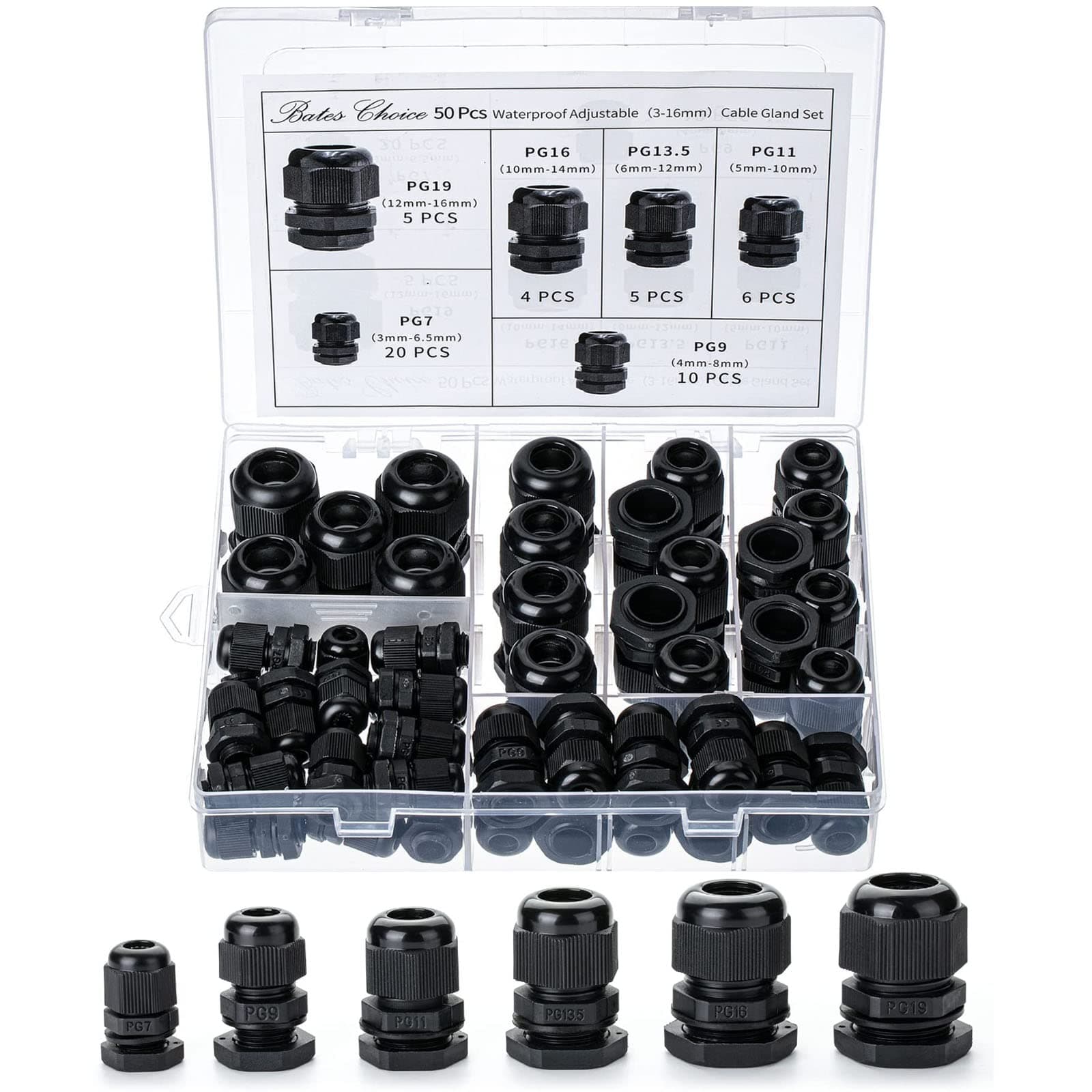MAKINGTEC Cable Gland, 50PCS Nylon Npt Waterproof Cable Connector, PG7, PG9, PG11, PG13.5, PG16, PG19, 3-16 mm Cable Glands, Waterproof Cable Connector with Lock Nut, Black