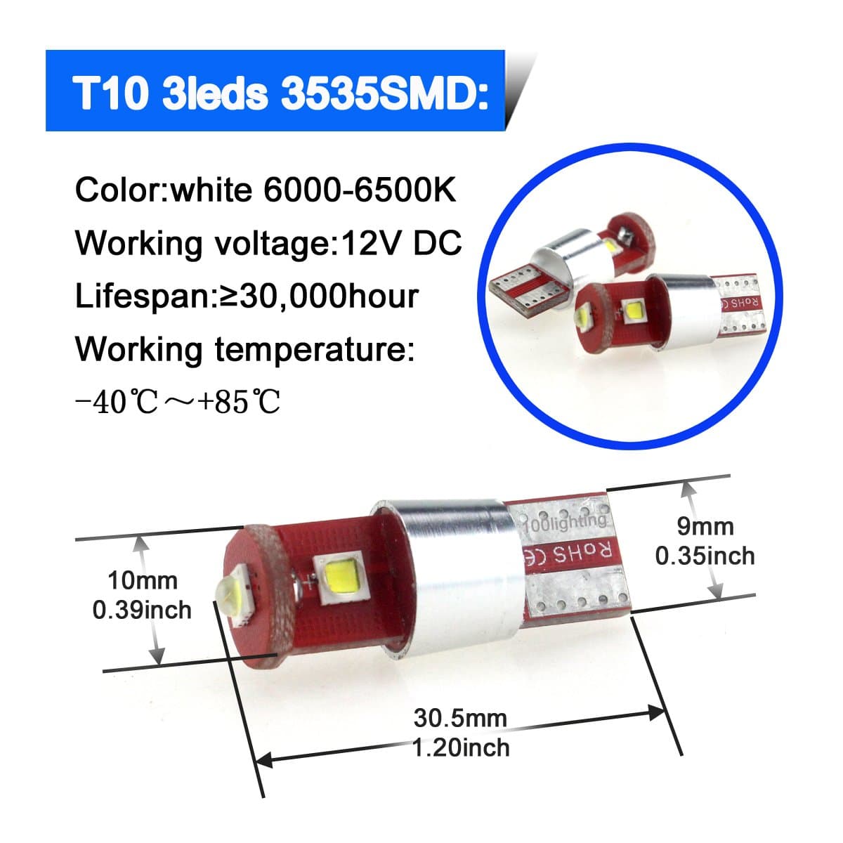 T10 194 LED Car Light Bulb for Auto Interior Dome Reading License Plate Trunk Running Parking Light Bulb Super Bright 12V White (Pack of 4)