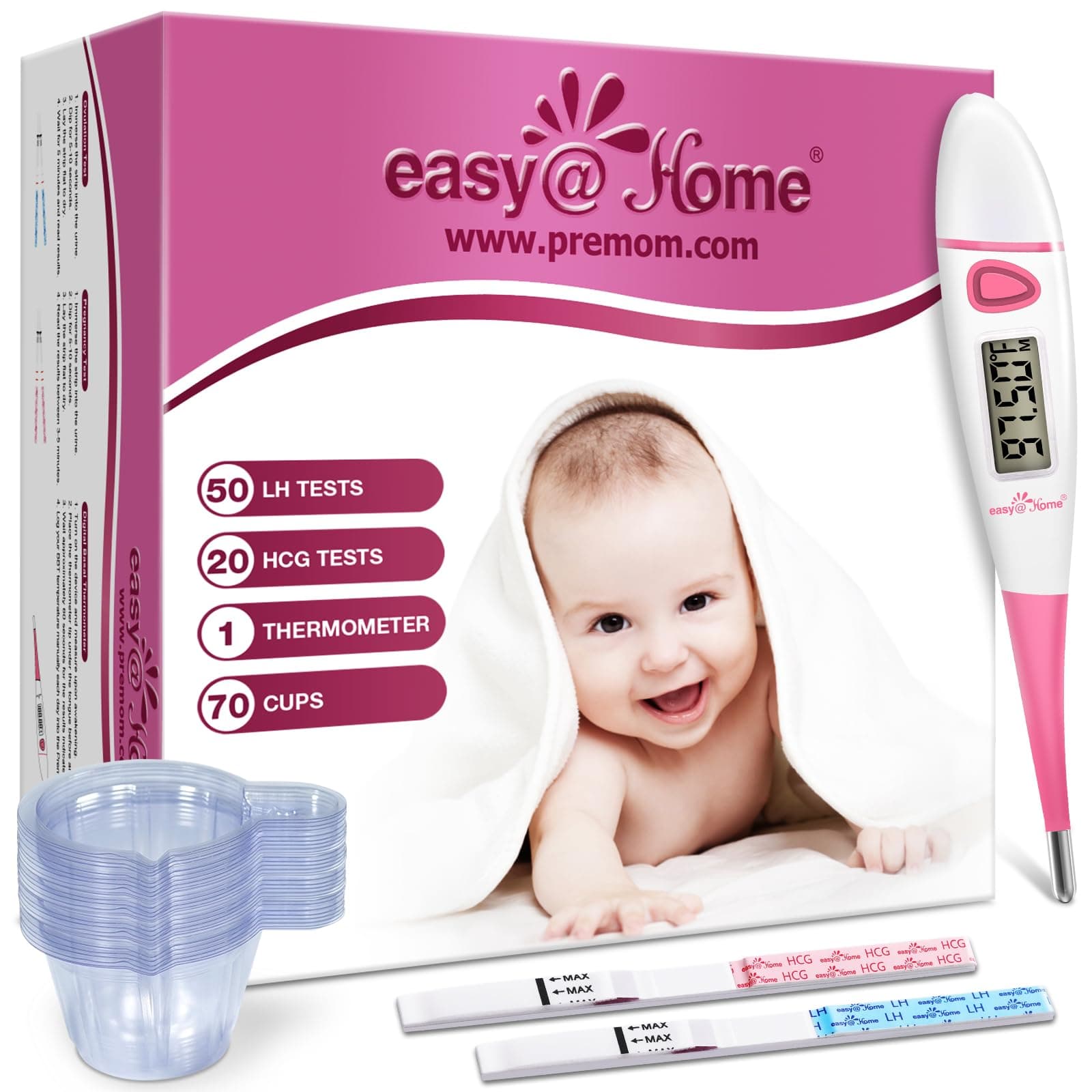 Easy@Home Ovulation Test Kit: 50 Ovulation Strips & 20 Early Pregnancy Tests & One Basal Body Thermometer & Urine Cups