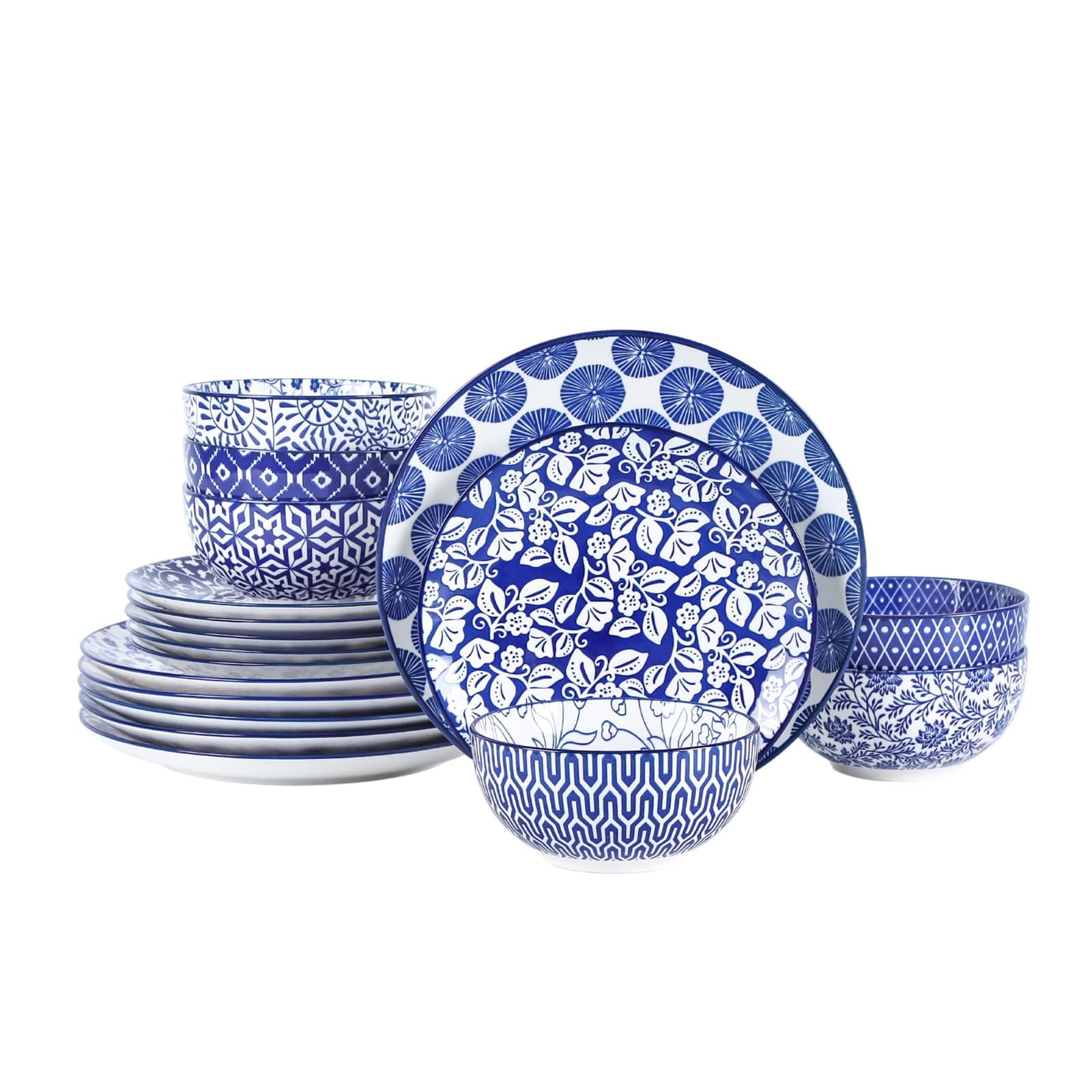 Selamica Ceramic Dinnerware Sets for 6, 18 Pieces Plates and Bowls Set, Scratch Resistant Dishes Set, Dishwasher&Microwave Safe, Vintage Blue