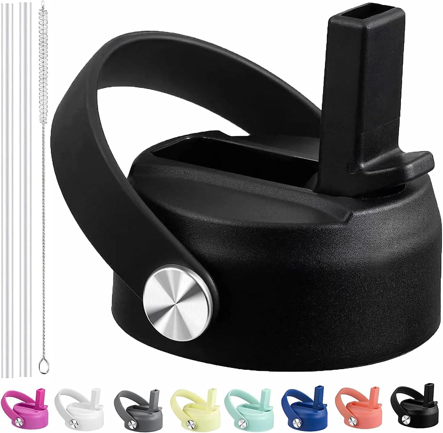 Straw Lid for Hydroflask, Lids with Straw Compatible with Hydro Flask Wide Mouth 32 40 oz Water Bottle, Straw cap for Hydroflask Lid Replacement, Flip Top with Flex Handle (Black)