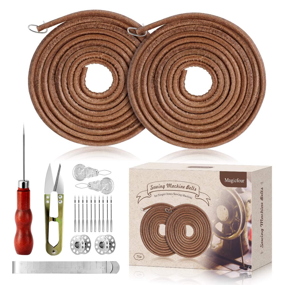 Magicfour Treadle Sewing Machine Belt for Singer/Jones, 2 Pack 71" 3/16" Leather Belt with Hook for Treadle Sewing Machine, Accessories Included