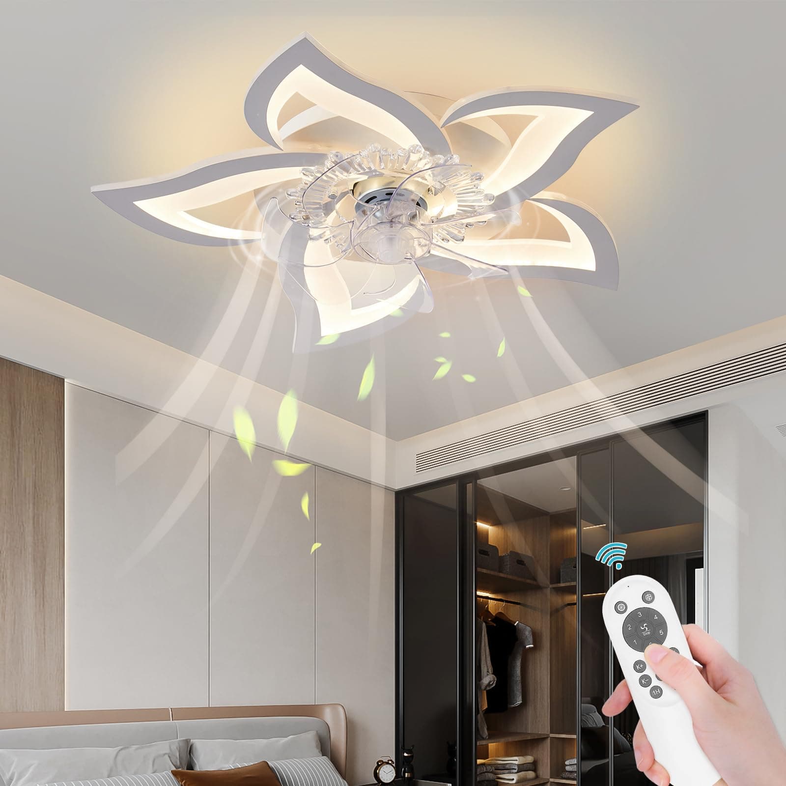 Bevenus Low Profile Ceiling Fan with Lights,110v Modern Dimmable Flower Shape, Remote Control/app Control,Timing 6 Gear Speeds Fan Ceiling Lamp.