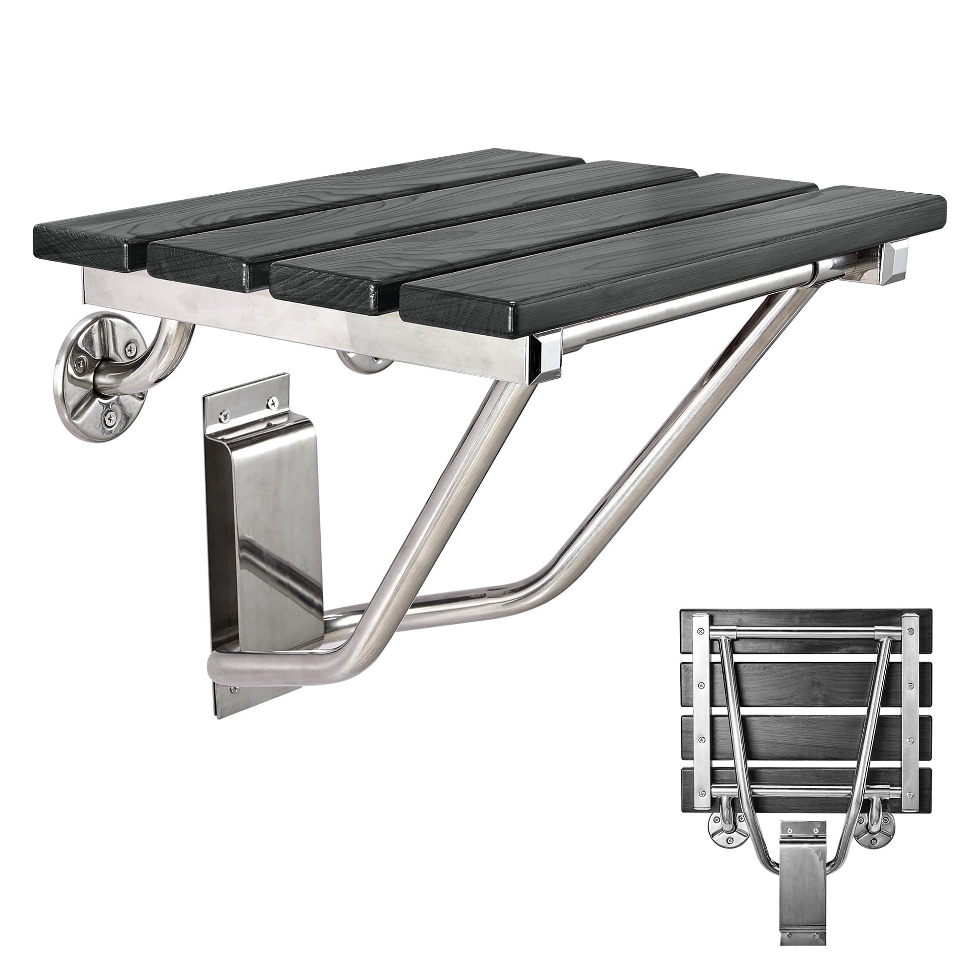 Folding Shower Seat Wall Mounted, Plastic Wood Black