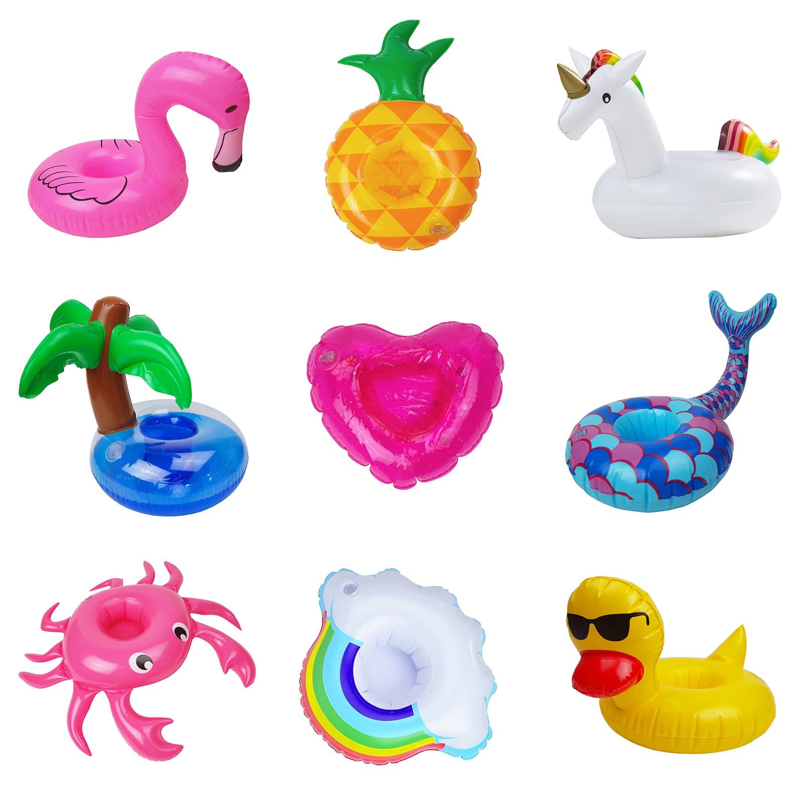 Etistta 9-Pack Inflatable Drink Holder Drinks Floats for Pool Party Summer Water Floatation Toy - Unicorn, Flamingo, Mermaid, Rainbow, Pineapple, Crab, Coconut Tree, Heart, Duck
