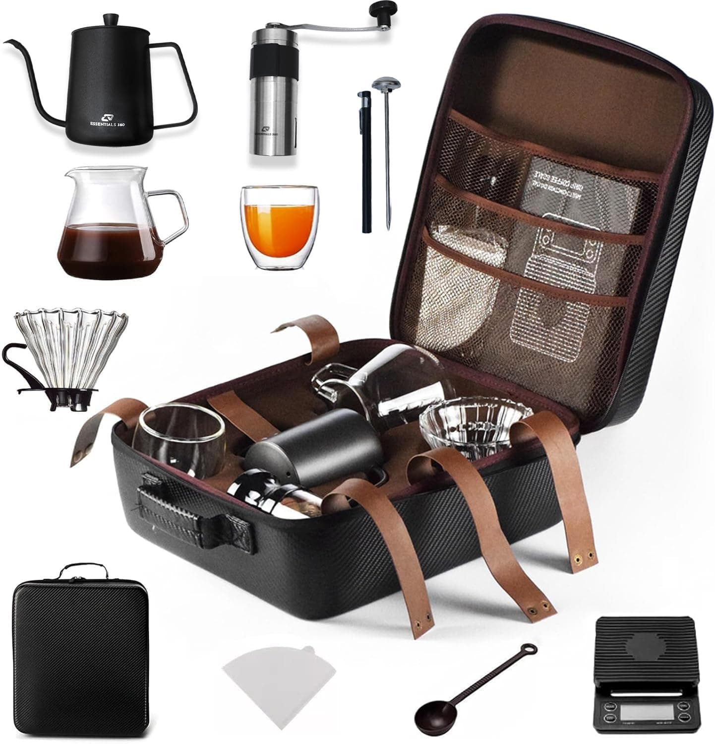 V60 Pour Over Coffee Maker Set - Portable Coffee Kit with V60 Kettle, Digital Scale, Double Walled Mug, Glass Server, Manual Grinder, Glass Dipper, 100 Paper Filters & Coffee Scoop