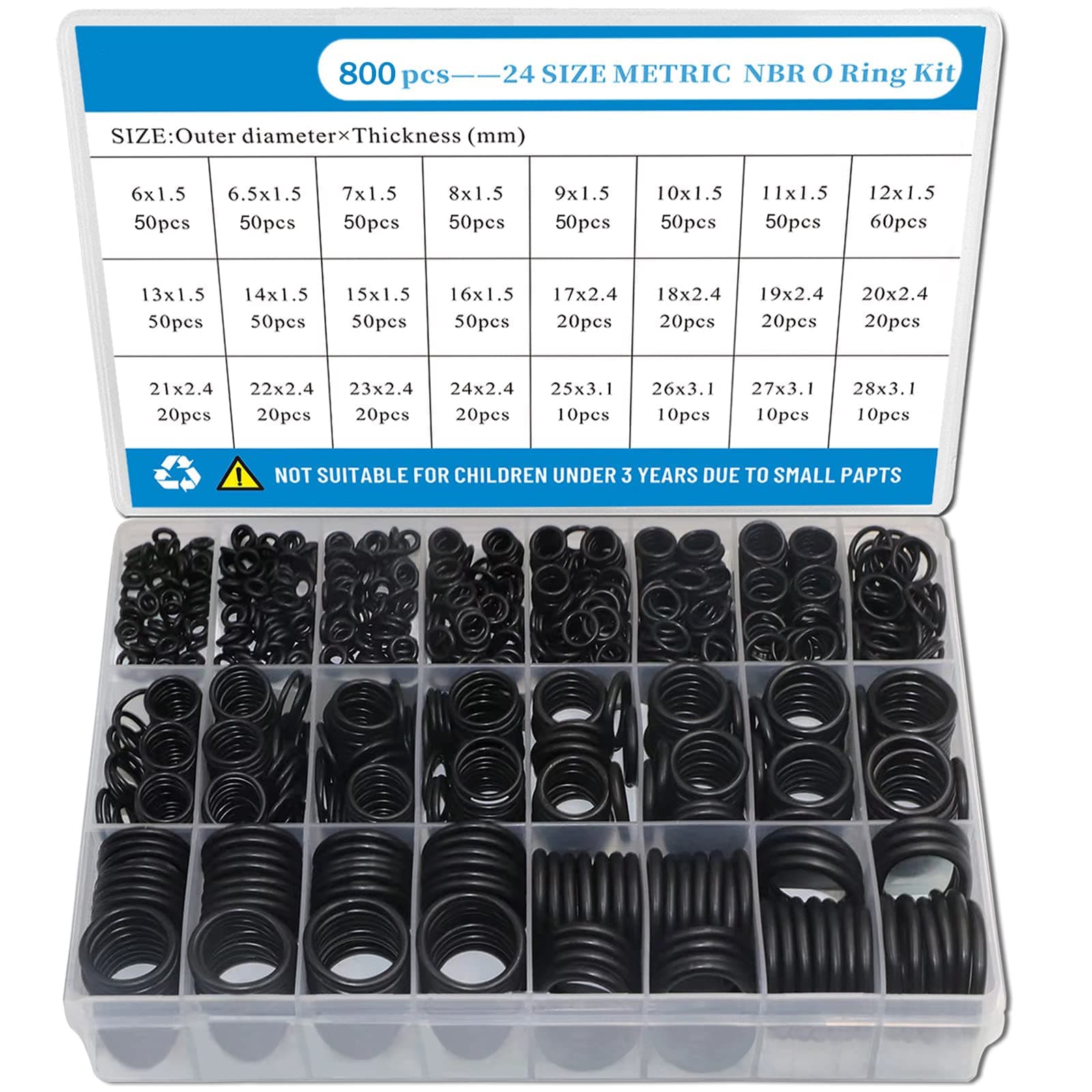 Rubber O Ring Set, 24 Size 800 PCS Black Small O Rings Assortment Kits, Assorted Metric Sealing Washer for Automotive Faucet Pressure Plumbing Sealing Repair, Air or Gas Connections and Heat