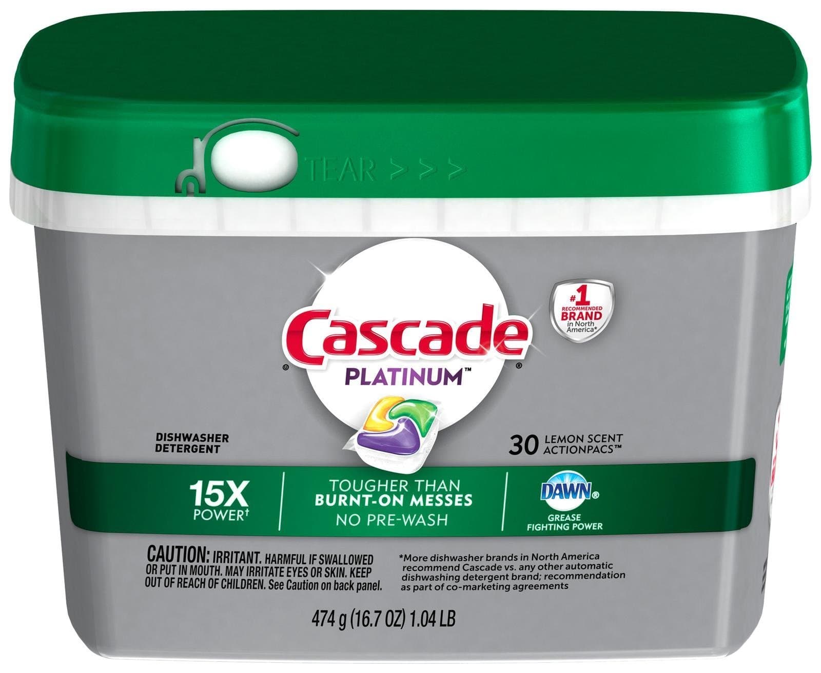 CascadePlatinum Actionpacs Dishwasher Detergent, Lemon Scent, 30 Count