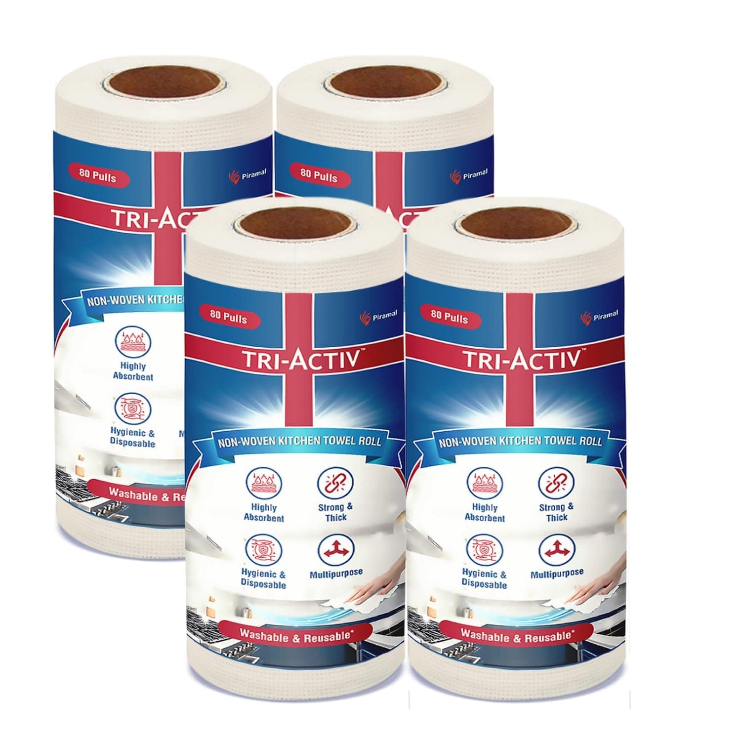 Tri-Activ Washable & Reusable Kitchen Towel Roll | 80 Pulls per Roll, 320 Sheets Pack of 4 | Highly Absorbent Kitchen Tissue Roll | Non Woven Fabric | Better alternative to Paper Tissue Roll | White