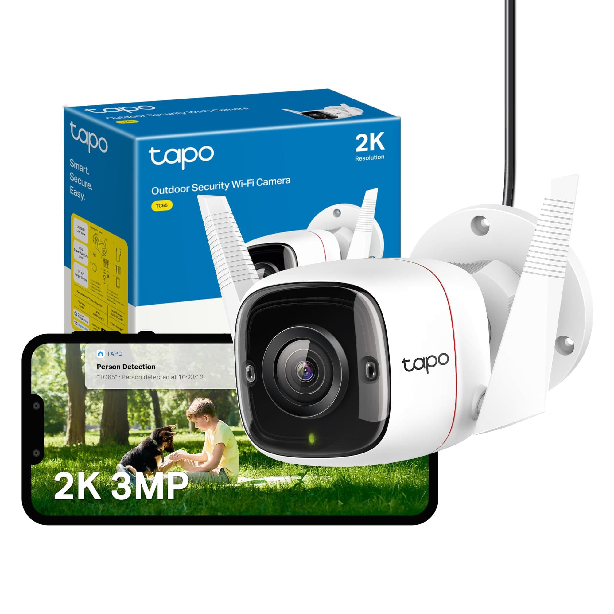 TC65 2K Security Camera Outdoor Wireless & Wired, Outdoor Camera No Monthly Fee, Smart Person Detection, Advanced Night Vision,Two-Way Talk, IP66 Weatherproof, Works with Alexa & Google