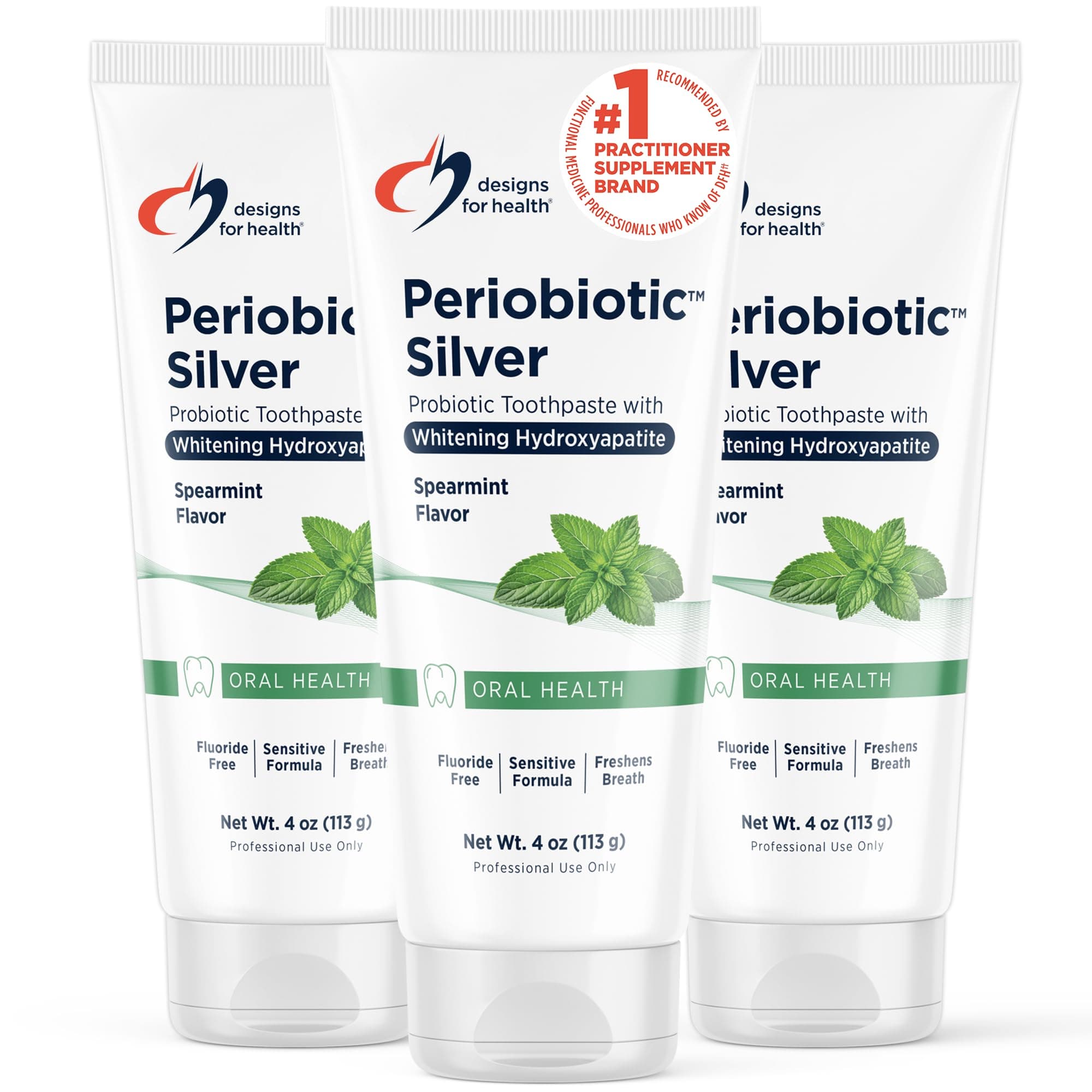 Designs for Health PerioBiotic Silver Hydroxyapatite Toothpaste - Fluoride Free Toothpaste with Oral Probiotics with Whitening Hydroxyapatite - Supports Gum Health & Remineralization (3 Pack, 4oz)
