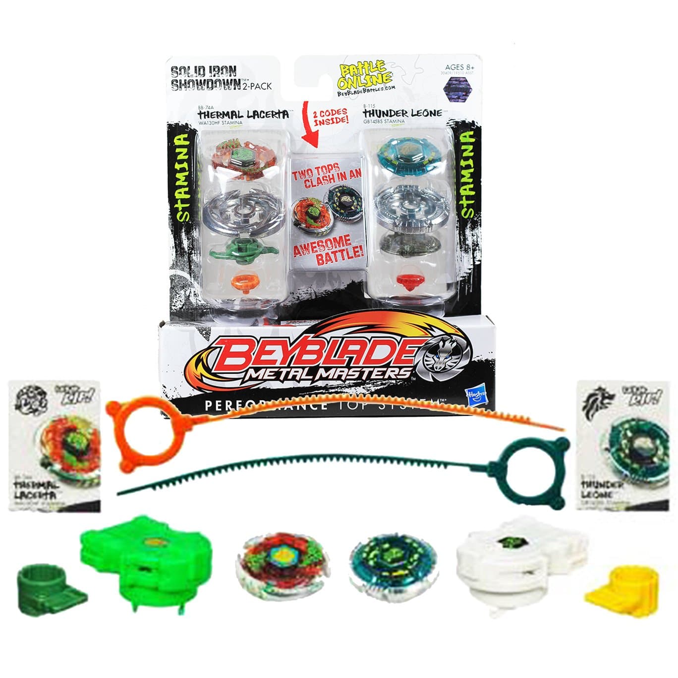 Beyblade Metal Fusion 2 Pack Solid Iron Showdown Thermal Lacerta and Thunder Leone