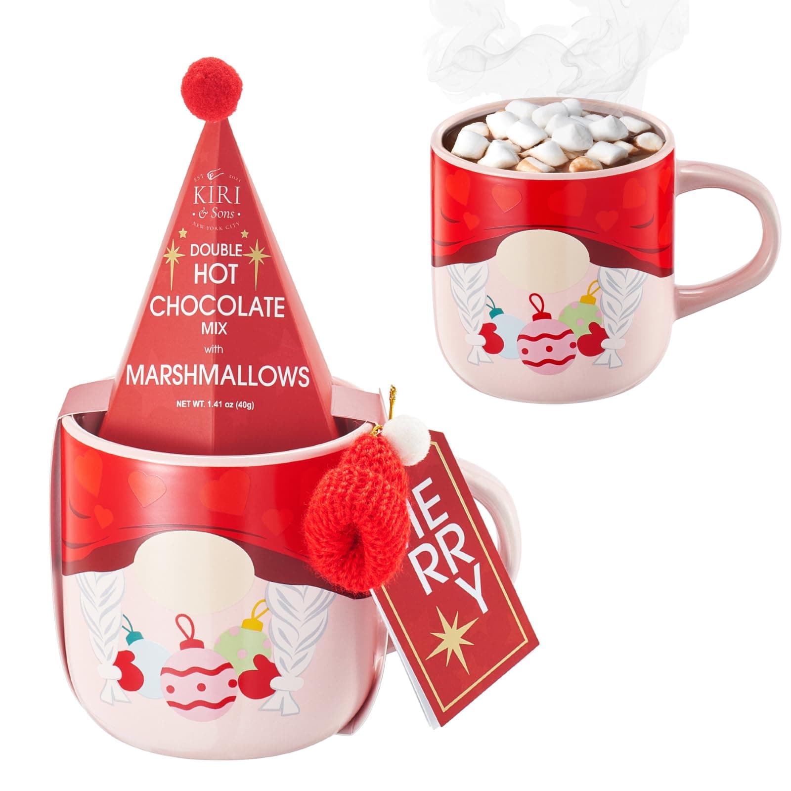 Hot Chocolate Gift Set, Includes 1 Single-Serve Double Chocolate Packet + 1 Pack Mini Marshmallows Hot Cocoa Mix Hot and Ceramic Mug, Gourmet Hot Cocoa Set, Eggnog Festive Gifts, Santa Red Elf Mug