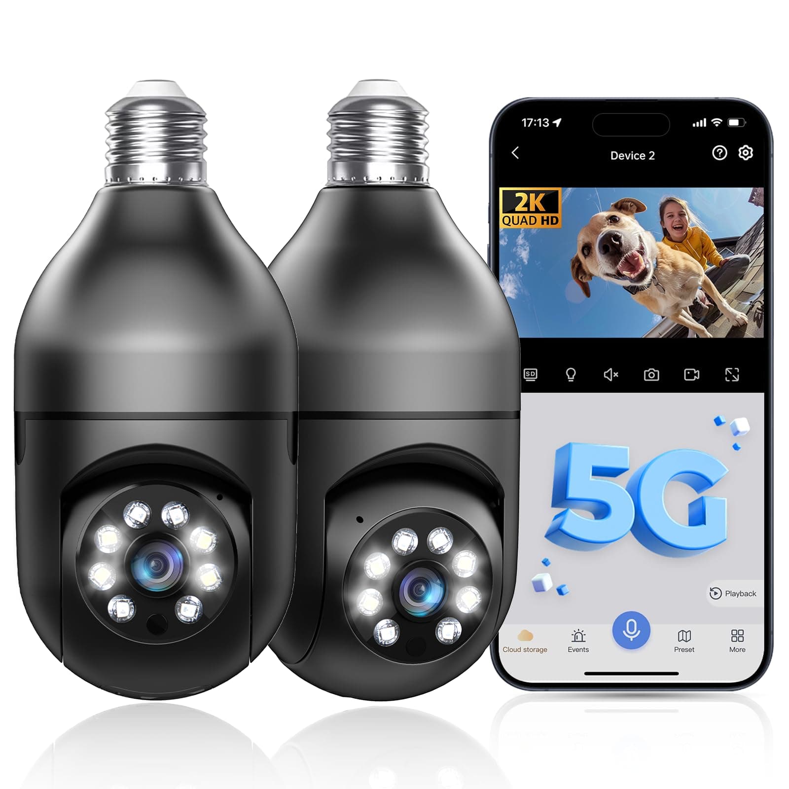 5G Security Bulb, WiFi 2K, Wireless Outdoor Security Cameras, EseeCloud, 360 Eagle Eye Camera, Motion Detection, Alarm Siren, Two Way Spotlight, Vision