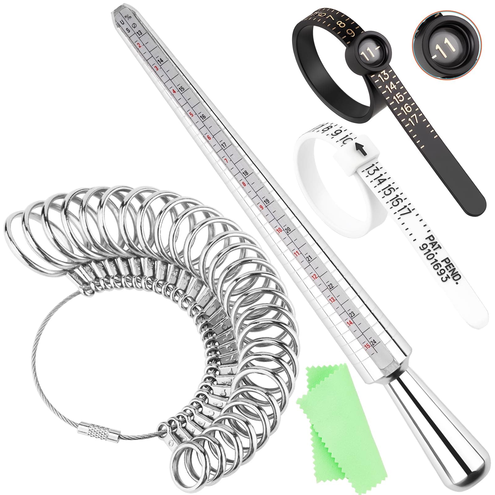 UUBAAR Ring Sizer and Measuring Tool, 5-in-1 Pro Ring Sizing Kit: Ring Mandrel, 27PCS Metal Ring Sizers (US 0-13), 2 Finger Size Belts 1-17 (1 with Magnifier), Polishing Cloth