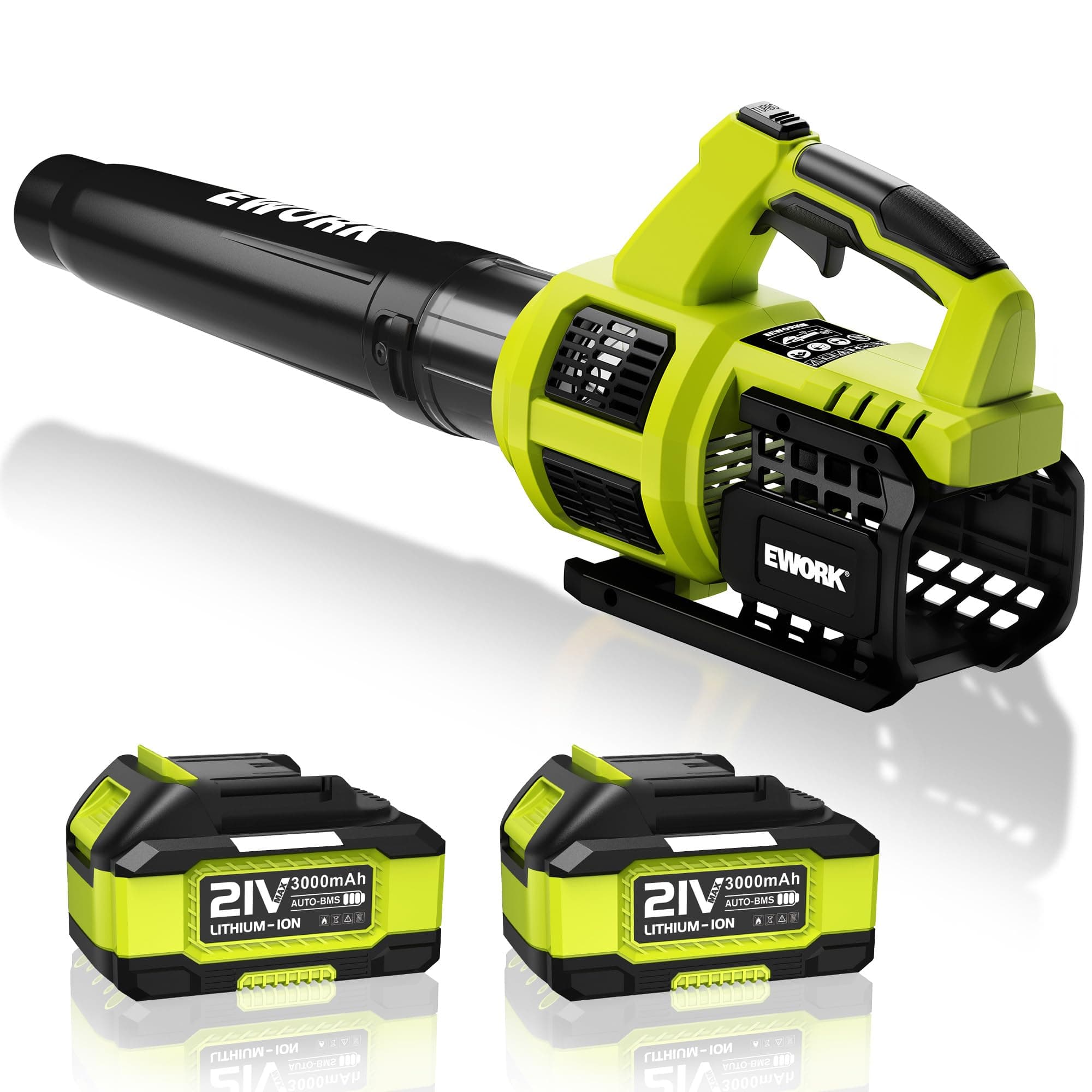 EWORK 21V Cordless Leaf Blower, Powerful Turbo Mode & 550 CFM, 2×3.0Ah Batteries & Fast Charger, Lightweight Electric Leaf Blowers for Lawn Care, Patio, Leaves & Dust