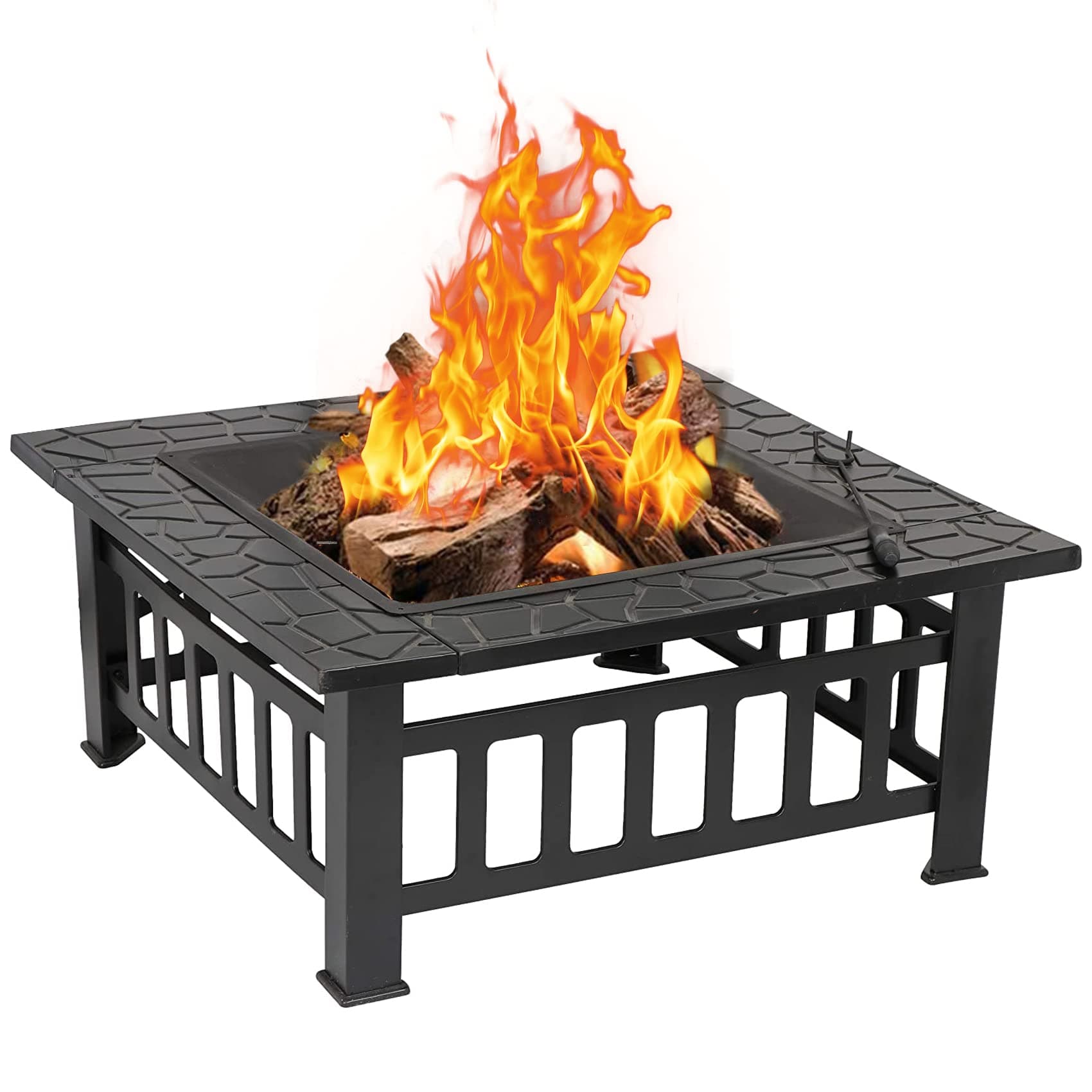 Redeo Outdoor Fire Pit Wood Burning Square FirePit for Outside Backyard Heating BBQ Drink Lawn Decoration (32 Inch)