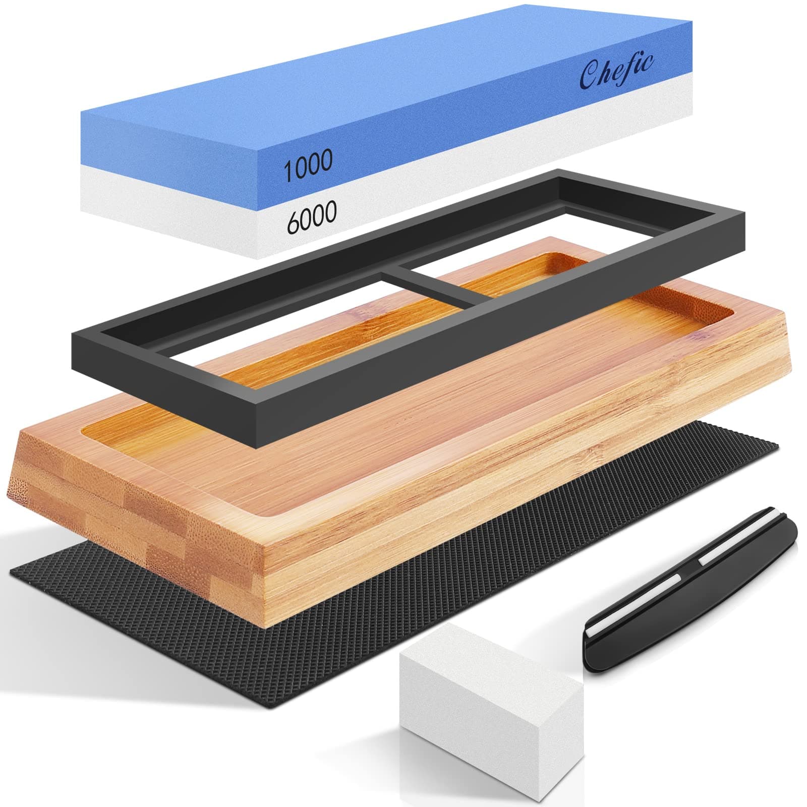 Knife Sharpening Stone Whetstone，Premium 2-Sided Whetstone Sharpener 1000/6000 Grit Waterstones Kit, Knife Sharpener Stone with Non-Slip Bamboo Base, Angle Guide and Flattening Stone