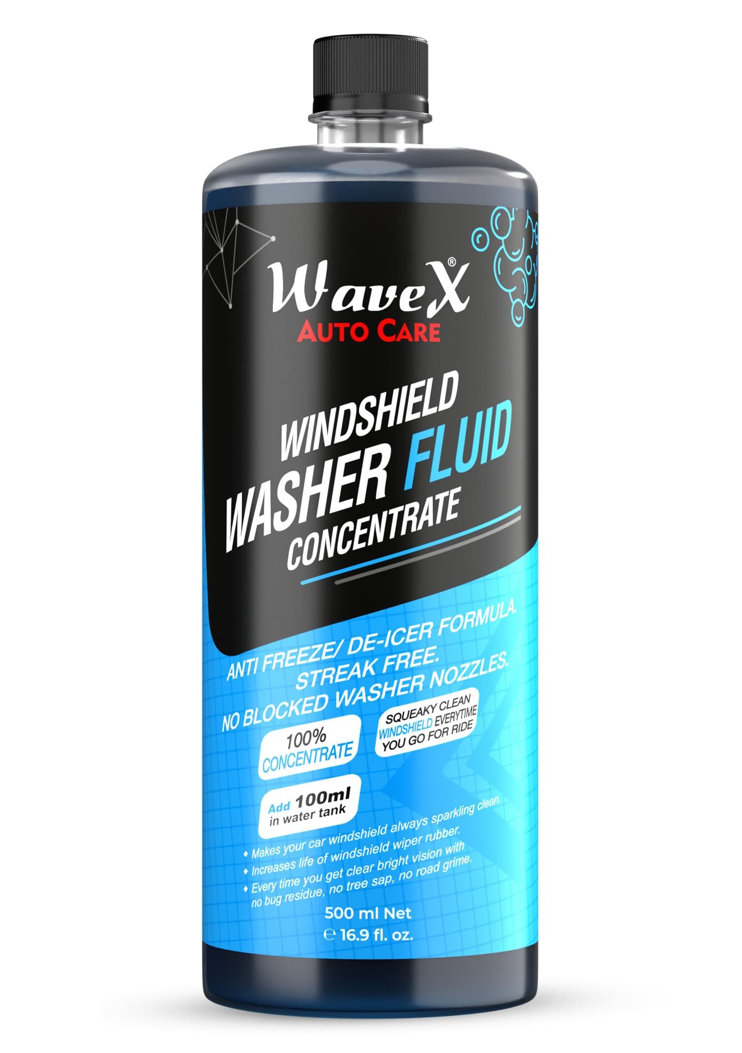 Wavex Windshield Washer Fluid for Car 500ml | Car Windshield Cleaner Concentrate | Lubricates Glass Cleaner Wiper, Prevents Scratches, Works well as a Car Glass Cleaner, Contains De-Icer Formulation