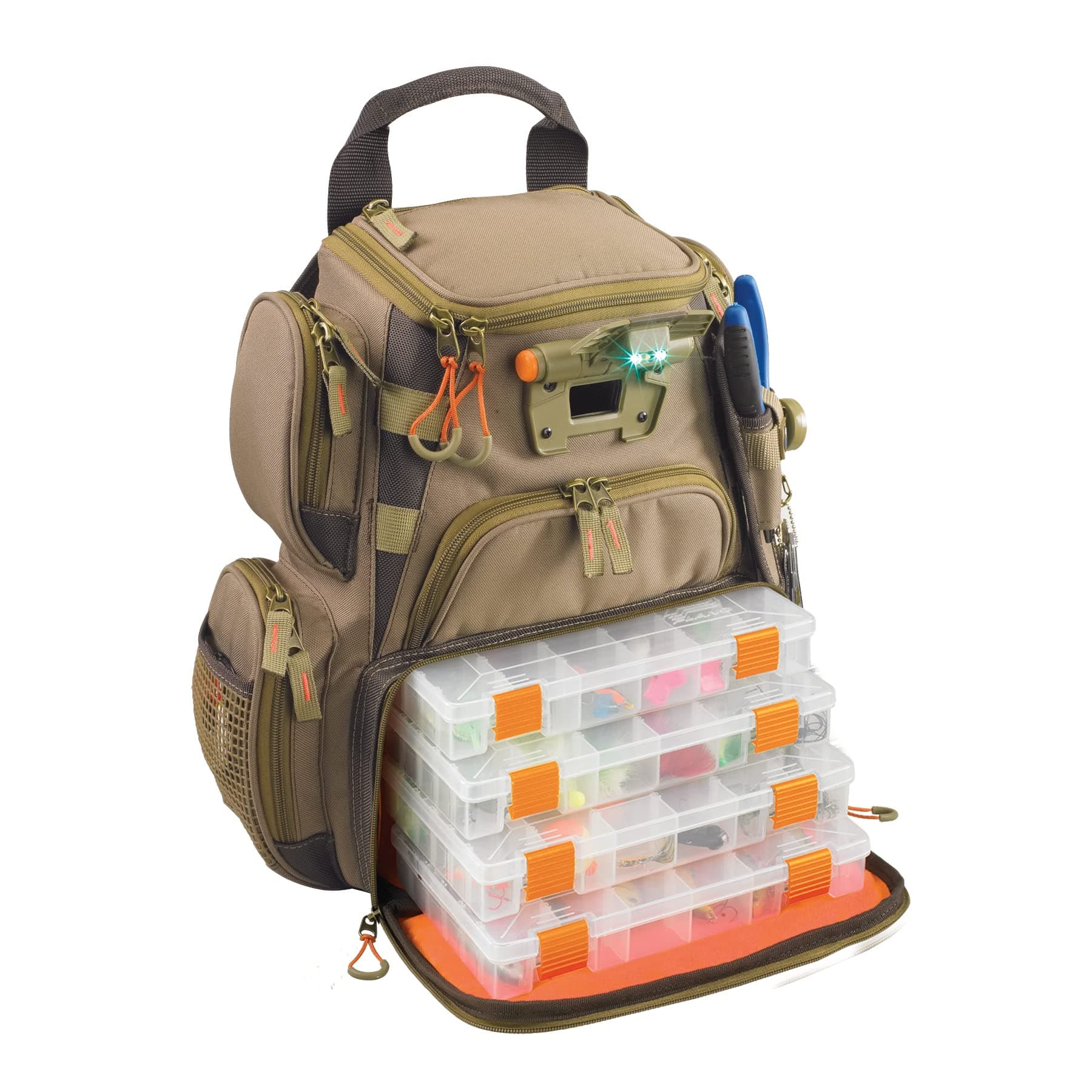Wild River by CLC WT3503 Tackle Tek Recon Lighted Compact Tackle Backpack & Four PT3500 Trays, Clear, Water-Resistant Phone Storage,Beige , 12.75 x 6.75 x 15 "