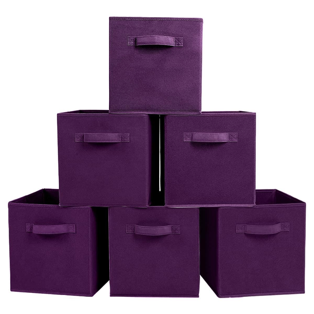 PowerKing Fabric Storage Box, 6 Pieces Foldable Storage Cube Storage Box Fabric Organiser Cube Shape – Purple