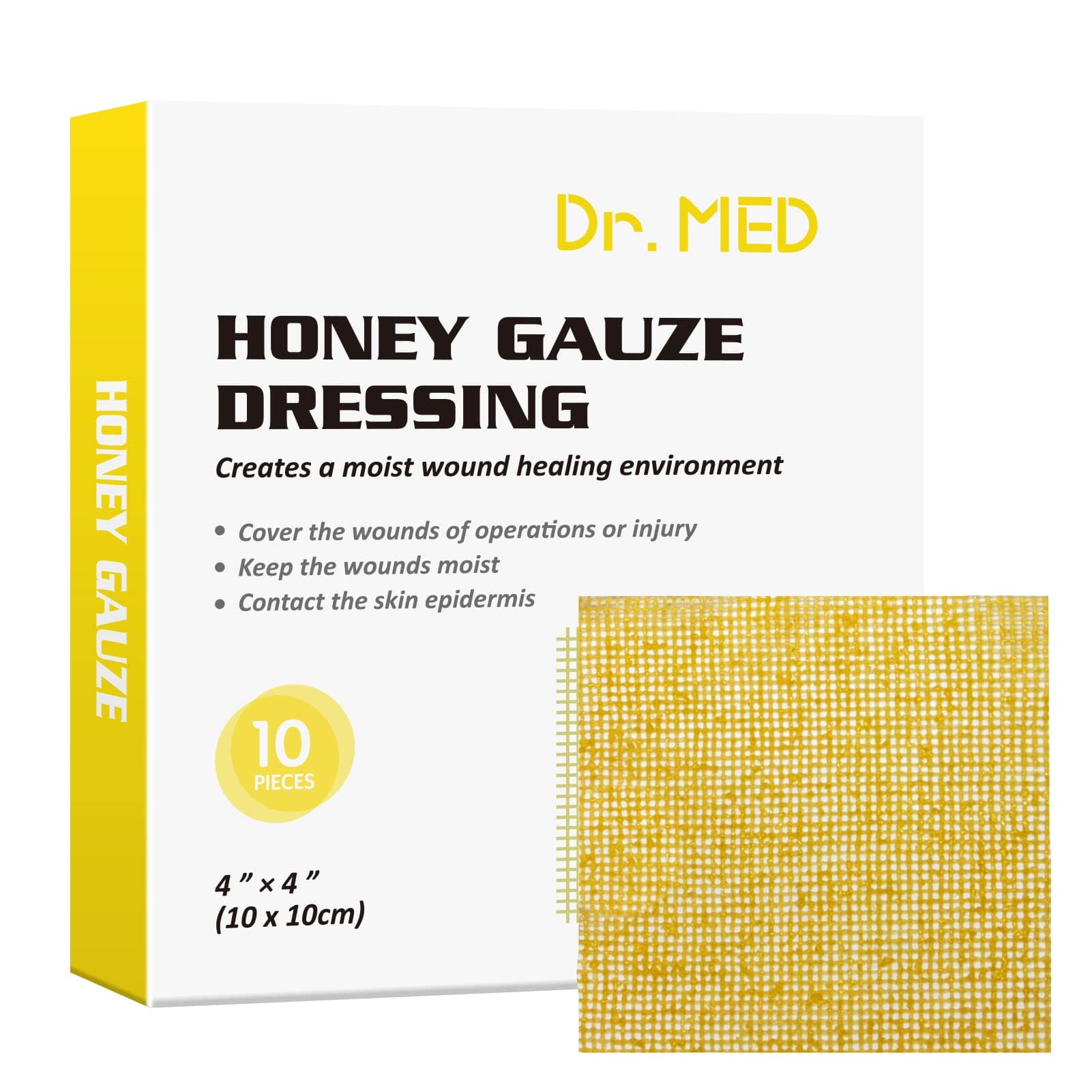 - Dr. Med Honey Gauze Dressing 4" x 4", 10 Pcs/Box Honey Medical Bandage Tulle Mesh Patch for Minor Abrasions, Cuts, Lacerations, Scald and Burns for Wound Healing, Chemical and Drug Free