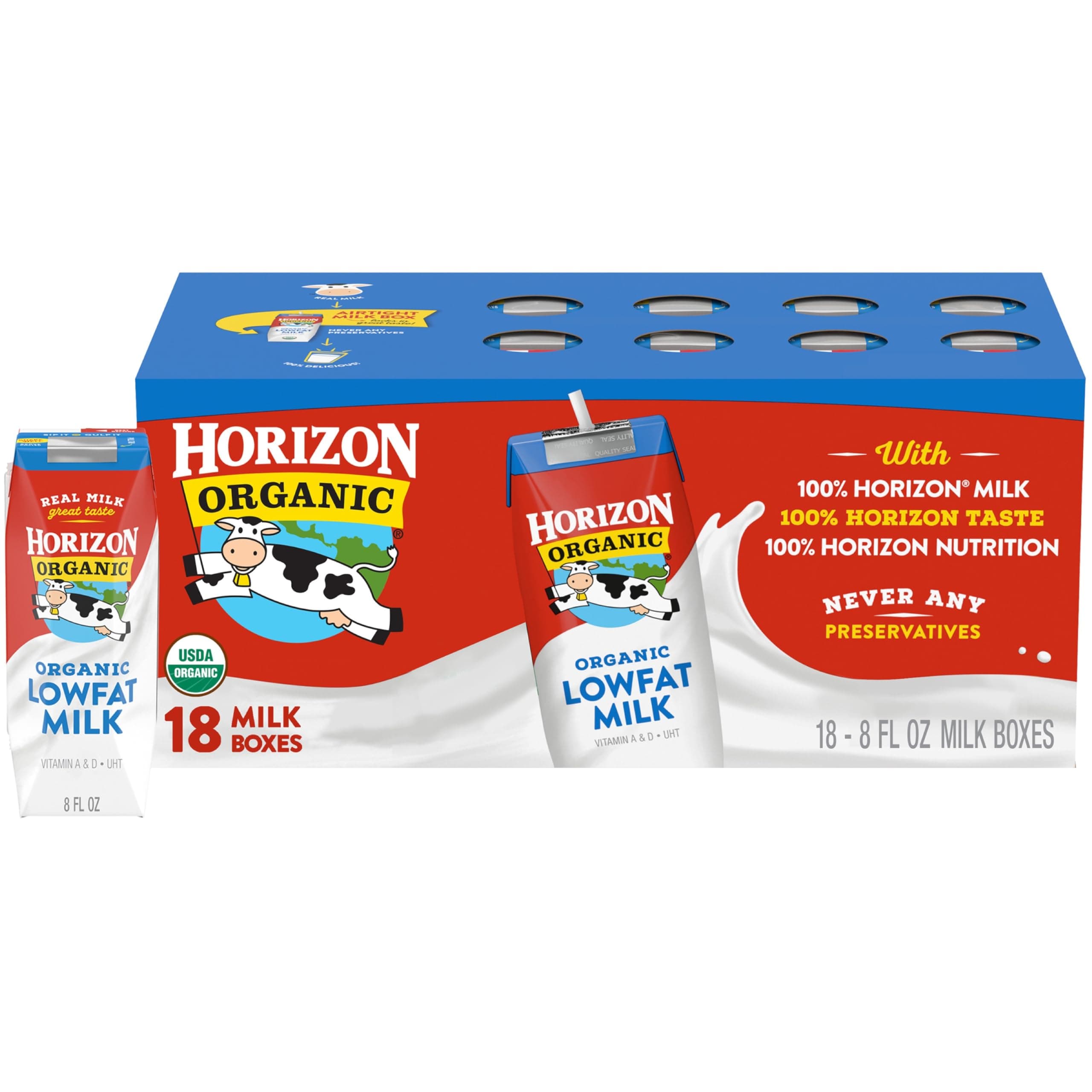 Shelf Stable 1% Lowfat Milk Boxes, 8 fl oz, 18 Count - 8g Protein per Serving, USDA Organic UHT from Pasture-Raised Cows, Ready to Drink for Lunchbox, Travel, or On-the-Go, No Refrigeration Needed