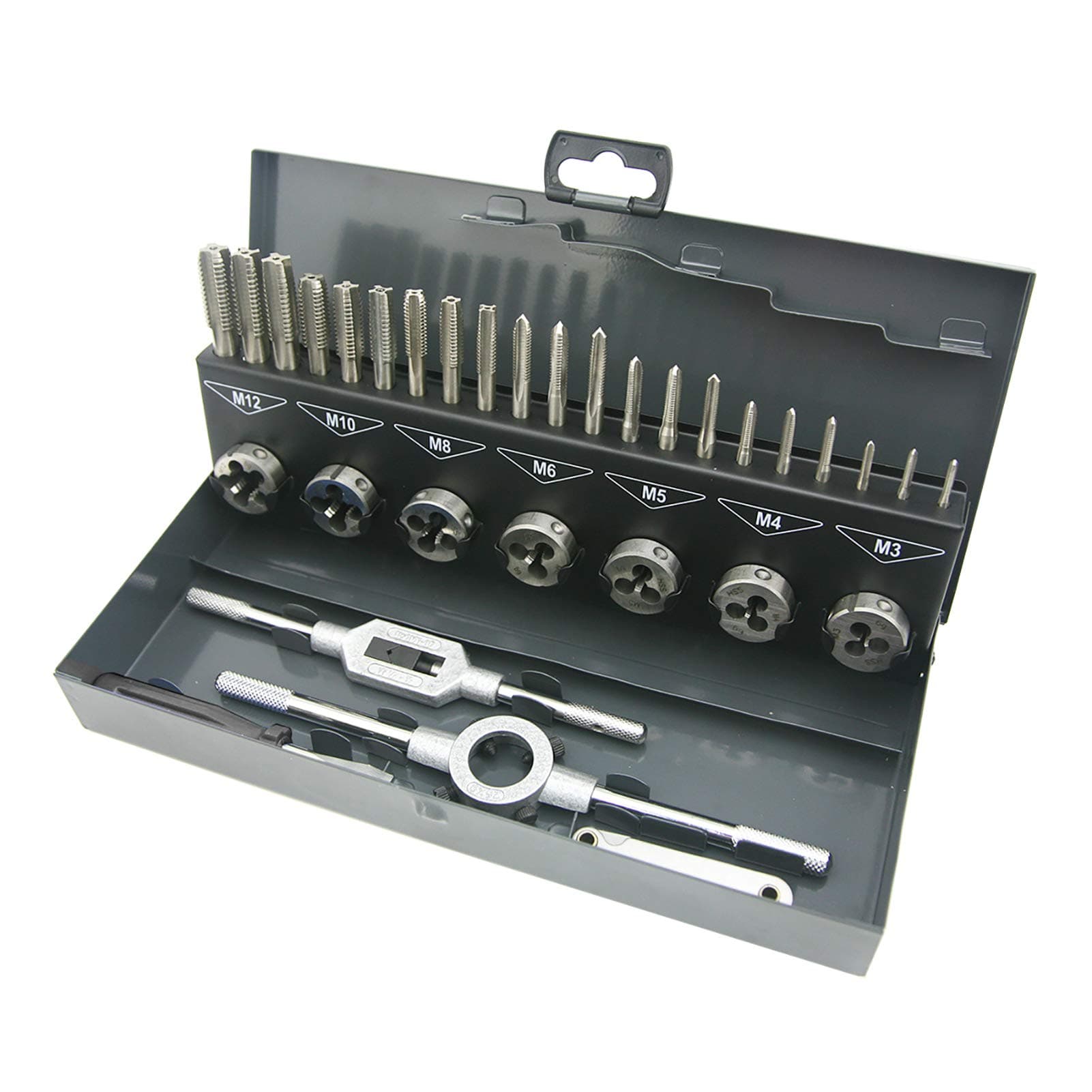 NORTOOLS Taps & Dies Set 32 PCS DIN352 HSS Thread Cutting Tools Taper Drill Threading Kit with Metal Case M3-M12