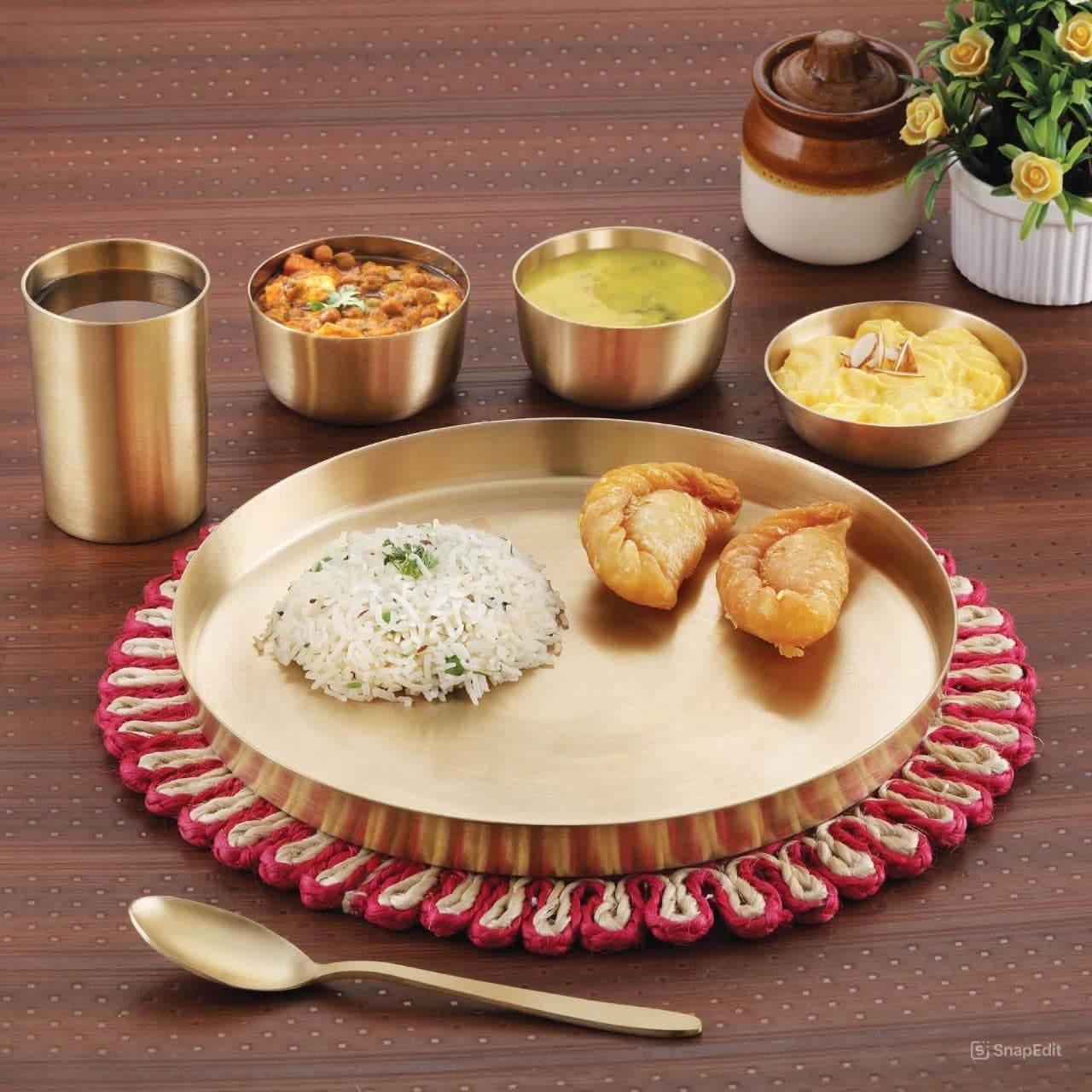 iRiN by Dr.WaterR Bronze/Kansa Dinner Set | Kitchen Set | Ideal for Home | Restaurant | Gifting | Special Occasions | Party | 1 Full Plate, 2 Bowls, 1 Dessert Plate, 1 Glass, 1 Spoon |Pack of 6pcs