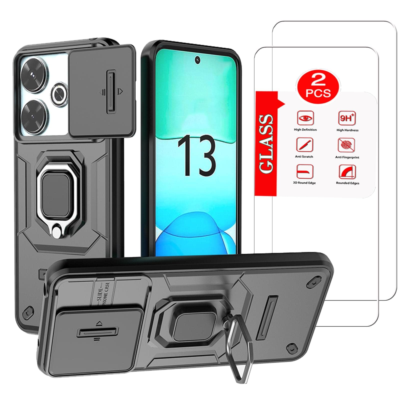 for Xiaomi Redmi 13 4G Case with [2 Pack] Tempered Glass Screen Protector, for Redmi 13 4G Case [Military-Grade] Protective，with Lens Protects Magnetic Kickstand Car Mount Holder Phone Case