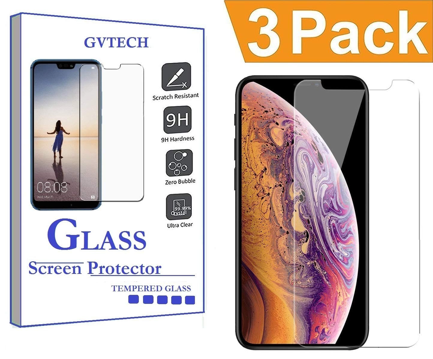 GVTECH for iPhone XS Max 6.5" 2018 Screen Protector, Tempered Glass Screen Protector[0.3mm, 2.5D][Bubble-Free][9H Hardness][Easy Installation][HD Clear] for Apple iPhone XS Max 6.5" 2018(3 Pack)