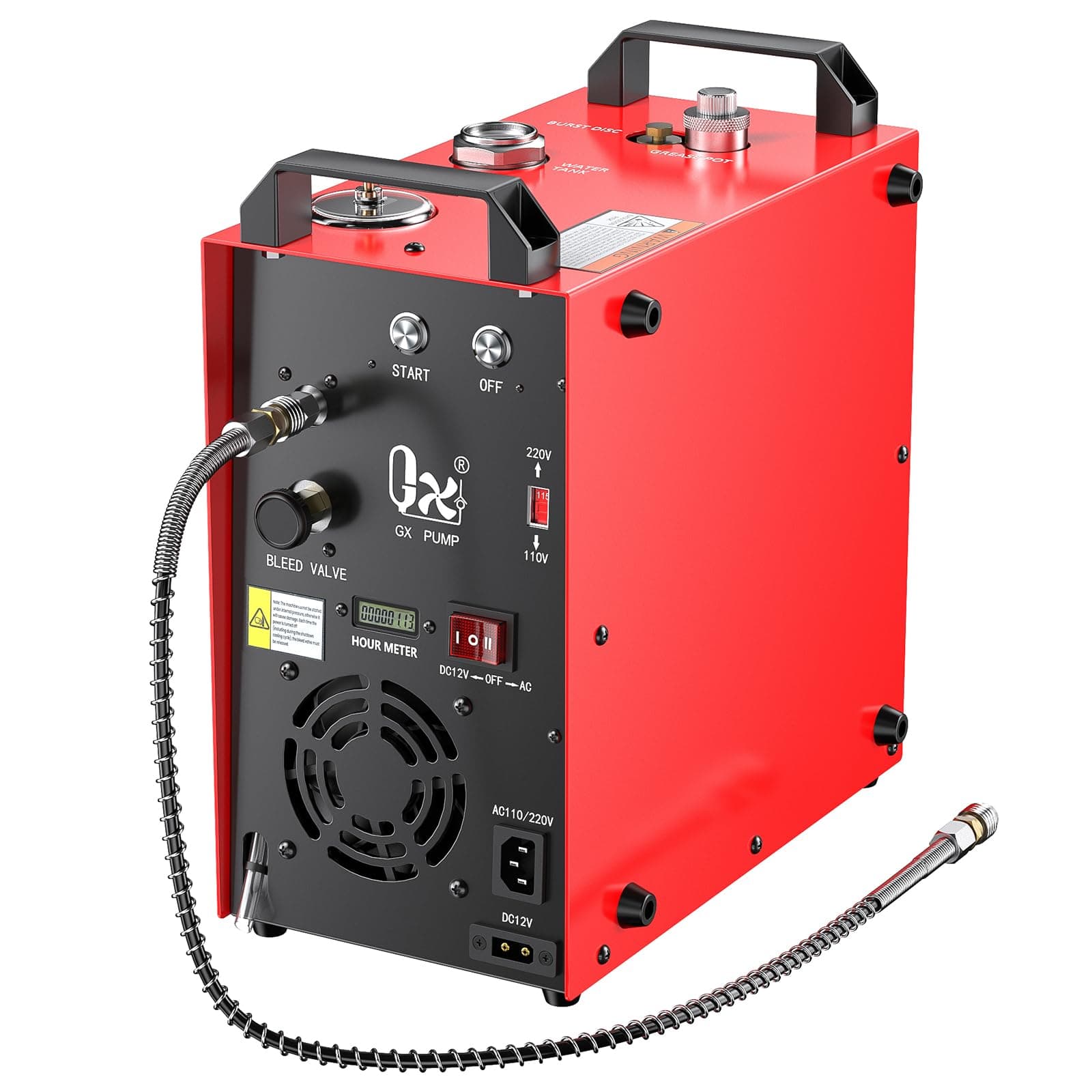 GX-E-CS4-I Portable PCP Air Compressor, 350W Powerful Motor,Max 5800Psi/40Mpa, Built-in Home Converter, Water and Fans Cooling, 5 Hours Continous Work, 12V Auto Stop Paintball Air Compressor
