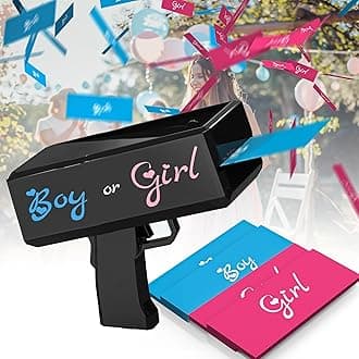 Gender Reveal Money Gun Shooter with Pink and Blue Prop,Gender Identification of Boys and Girls,Handheld Spray Gun for Party