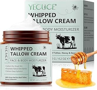 Whipped Beef Tallow Balm for Skin 120g, Tallow Face Moisturizer for Sensitive Skin, Organic Grass Fed Tallow Balm to Repair Damaged Dry Skin, Unscented Skincare for All Skin Types