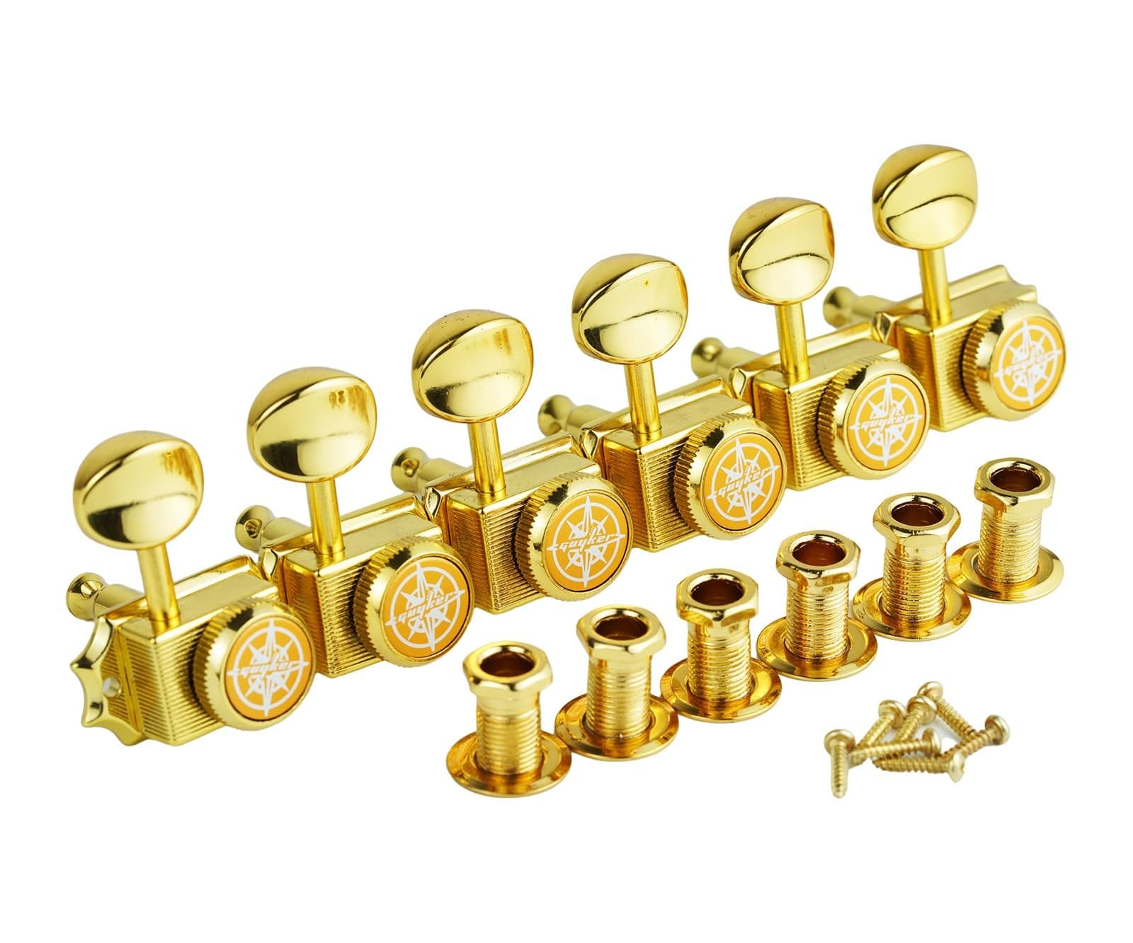 Guyker 6-in-line Vintage Guitar Lock String Tuners – Locking Tuning Key Pegs Machine Heads Replacement Parts for ST TL Style Electric Guitars Gear Ratio 1:15 – gold