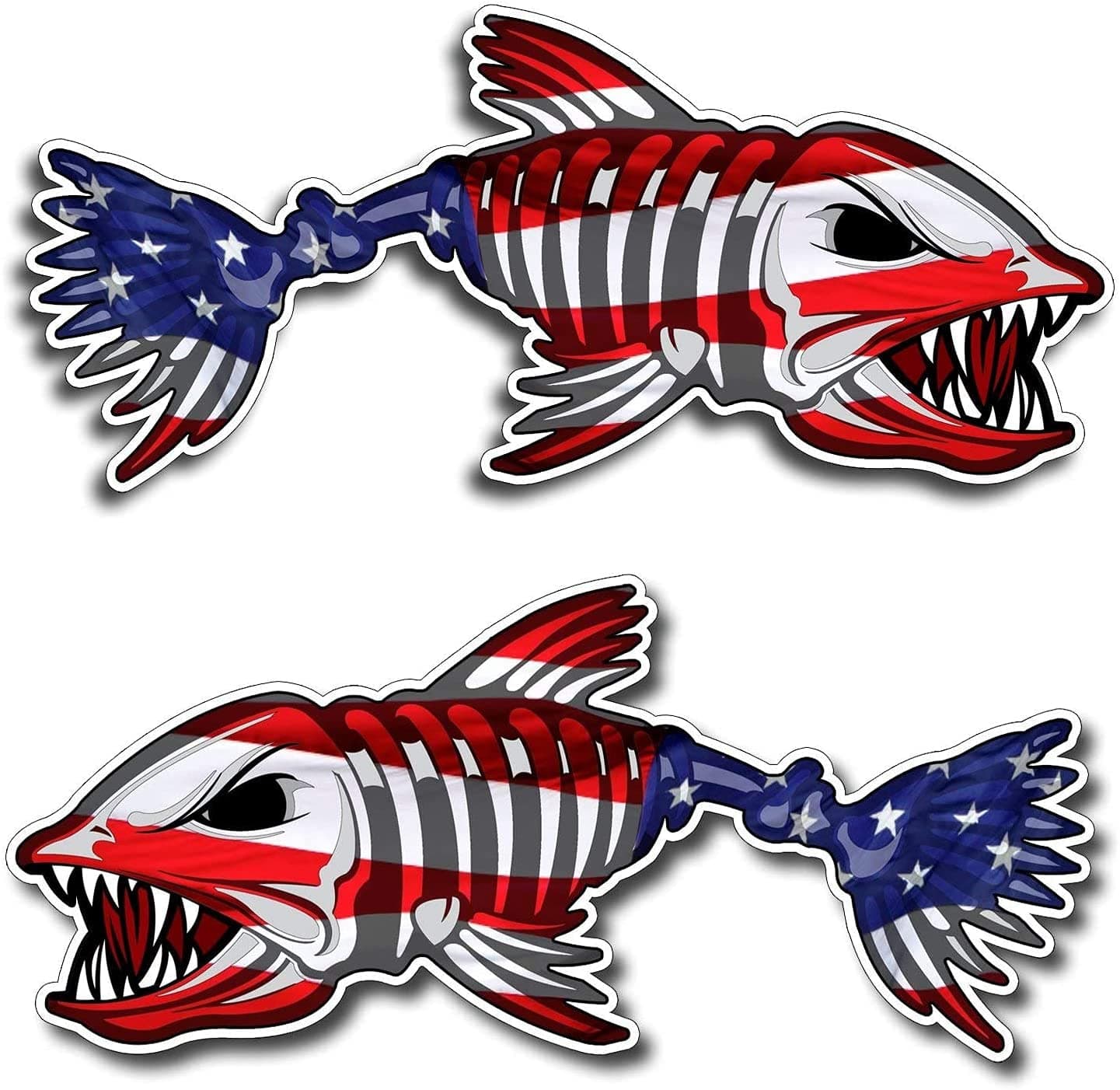 2 pcs US Flag Skeleton Fish Sticker by NTICKER - Waterproof Vinyl, Patriotic American Flag Fishbone Kayak, Fishing Boat Decal (6in, LR)